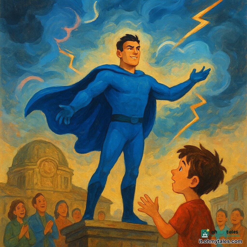 Un supereroe in piedi su un tetto, volto determinato e sorridente, mantello blu che svolazza, braccia verso il cielo a dirigere nuvole e fulmini; un ragazzo di circa 8 anni con capelli castani spettinati, occhi stupefatti, tende la mano dalla strada sottostante mentre passanti e adulti sulla piazza applaudono sollevati con abiti leggermente bagnati; dietro l'eroe si intravede parzialmente un antico cupola climatica in pietra consumata con motivi incisi e una luce morbida che emana dai suoi simboli; il cielo mostra nubi scure che si disperdono in vortici blu e rosa con fulmini deviati in archi luminosi attorno all'eroe, atmosfera coraggiosa e rassicurante, colori caldi in contrasto con il grigio temporalesco e texture di gouache con pennellate espressive.
