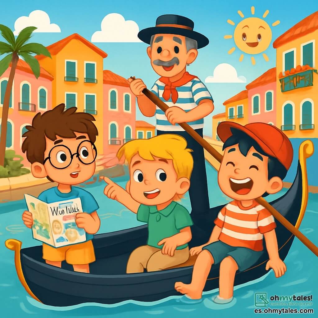 Hay 3 personajes: - Mateo: un niño de 8 años, con cabello castaño desordenado y gafas redondas. Lleva una camiseta azul y un pantalón corto amarillo, y sostiene un mapa de Venecia en sus manos, mirando con curiosidad. - Luca: un niño de 7 años, con cabello rubio y ojos brillantes. Está vestido con un polo verde y un pantalón beige, y sonríe señalando un edificio colorido en el canal. - Tomás: un niño de 9 años, con cabello negro y una gorra roja. Lleva una camiseta a rayas y sandalias, y está sentado en el borde de la góndola, con los pies en el agua, riendo a carcajadas. La situación principal tiene lugar en un canal pintoresco de Venecia, rodeado de casas de fachadas pastel, con balcones floridos y góndolas deslizándose suavemente por el agua. El cielo es azul y soleado, y las palmeras se mecen suavemente al viento. La historia muestra a los tres amigos en una góndola, navegando alegremente por el canal, maravillados por la belleza de la ciudad, mientras el Sr. Marco, su guía, les cuenta historias fascinantes sobre Venecia.