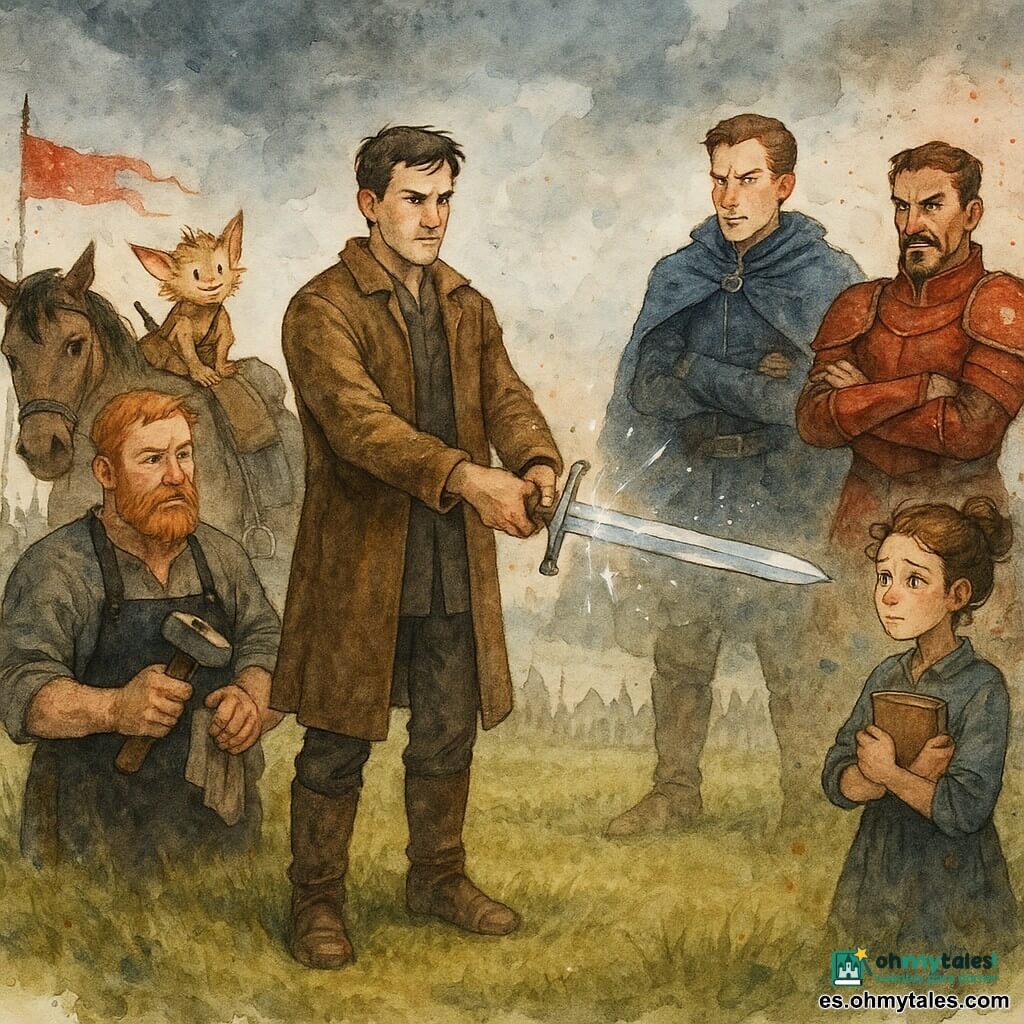 Hombre adulto, Darío, rostro decidido y sereno, ojos oscuros, abrigo marrón gastado y botas polvorientas; sostiene la Llama Serena reparada frente a él, la hoja brillante refleja pequeñas imágenes, postura erguida, brazo extendido. Hombre adulto, príncipe Ildran, unos treinta años, rostro tenso y pálido, capa azul elegante, a la izquierda en segundo plano, manos sobre el pomo de su espada, mirada acusadora hacia Darío. Hombre adulto, conde Merek, unos 40 años, sonrisa afilada, armadura roja, a la derecha con los brazos cruzados, desconfiado ante la hoja que revela secretos. Hombre mayor, Brann el herrero, barbudo y robusto, cabello pelirrojo, delantal de cuero, junto a Darío limpiando un martillo, expresión grave pero aliviada. Criatura peluda, Nimo el duende, pequeño con orejas puntiagudas y un saco, sobre el cuello del caballo de Darío en el fondo, mirada traviesa. Adolescente, Liora, aprendiz de escriba de unos 16 años, moño manchado de tinta y cuaderno en mano, junto a unos soldados, conmovida. Lugar: amplia llanura herbosa bajo cielo tormentoso, dos ejércitos alineados al fondo con estandartes rojos y azules y algo de polvo; la luz suave proviene del reflejo de la hoja. Situación: confrontación pacífica: Darío muestra la espada reparada que brilla como un pequeño sol y revela imágenes de verdad; soldados en silencio, sorprendidos, tensión que se vuelve duda. Estilo y paleta: acuarela suave en grises, ocres y azules, toques metálicos en la hoja y salpicaduras controladas en banderas y polvo, trazos delicados para rostros y emociones.