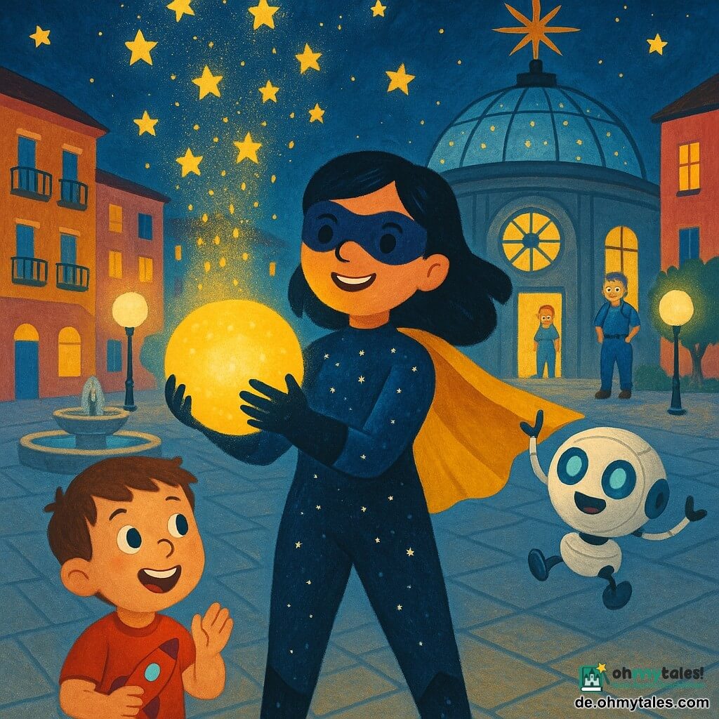 Nova, eine lächelnde, entschlossene Superheldin in einem dunklen, irisierenden Sternenhimmel-Kostüm mit kleinen weißen Lichtpunkten, hält eine große, warme goldene Lichtkugel und lässt Hunderte kleiner leuchtender Sterne Richtung Glaskuppel schweben, während ein etwa sechjähriger Junge mit kurzen braunen Haaren und runden Augen im Vordergrund links von ihr staunend eine rote Spielzeugrakete am Brunnen festhält und applaudiert; ein kugelförmiger weißer Metallroboter mit zwei großen blauen Leuchtaugen wirbelt auf ihrer rechten Schulter, und eine Technikerin mit grauen Haaren im Dutt und blauem Arbeitsanzug mit Werkzeug am Gürtel steht erleichtert am Eingang eines großen runden Glashauses (Rathaus) im Hintergrund; die Szene spielt nachts auf einem gepflasterten Platz mit Brunnen, sanft beleuchteten Laternen, bunten Wohnhäusern und einem Rundbau mit Kompassrose auf dem Dach in einer warmen, beruhigenden Farbpalette (Gold, Mitternachtsblau, zartes Rosa).