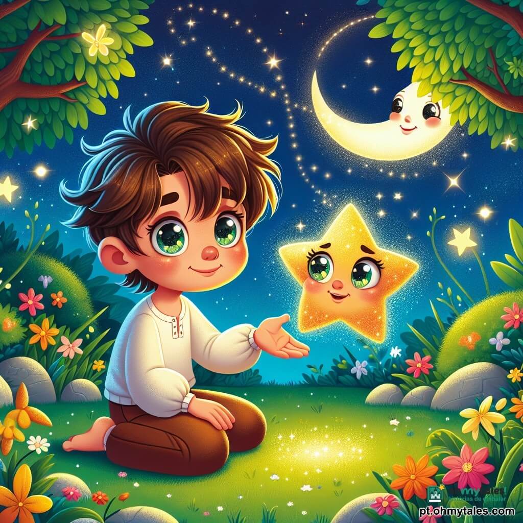 Um garoto de 8 anos, chamado Leo, com cabelos castanhos bagunçados e olhos brilhantes de curiosidade, está sentado em um jardim verdejante. Seu rosto expressa admiração e empolgação, enquanto segura delicadamente uma estrela cintilante na mão. Ao seu lado, uma estrela cadente antropomórfica, com um sorriso suave e olhos brilhantes, flutua levemente acima de sua palma, como se estivesse buscando respostas. O jardim está cheio de flores coloridas, borboletas dançantes e uma grama recém-cortada, sob um céu noturno salpicado de estrelas. A lua ilumina suavemente a cena, criando uma atmosfera mágica e tranquila. Leo, com um olhar determinado, está prestes a fazer uma pergunta à estrela, enquanto a brisa leve faz as folhas das árvores ao redor dançarem, adicionando um toque de mistério à sua busca.