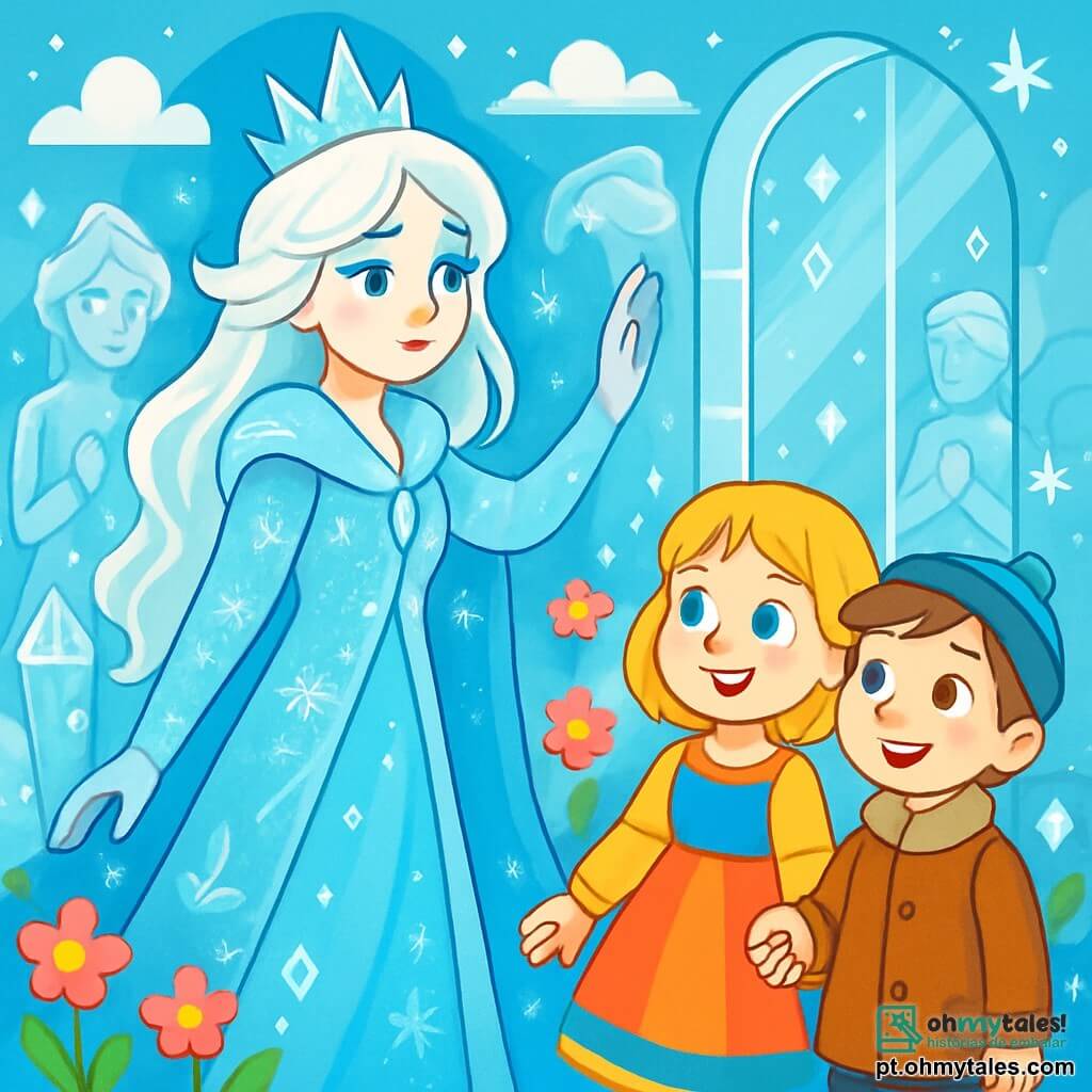 A Rainha da Neve, uma mulher majestosa de beleza etérea, usa um longo manto cintilante de cristais de gelo que refletem a luz como diamantes. Seus cabelos prateados flutuam ao redor de seu rosto, e seus olhos, de um azul profundo, expressam uma melancolia suave e uma luz de esperança. Ela está no centro de um jardim encantado, cercada por estátuas de gelo, levantando uma mão delicada em direção a uma porta de vidro quase invisível, pronta para abri-la. Ao seu lado, Gerda, uma menina de 8 anos com cabelos dourados e olhos brilhantes, sorri corajosamente. Ela veste um vestido colorido, contrastando com o frio ao redor, e segura a mão de Kay, um garoto de 9 anos com olhos brilhantes como estrelas. Kay, vestido com um manto de lã, olha para a Rainha com admiração, seu rosto iluminado pela excitação. O lugar é um jardim mágico, repleto de esculturas de gelo cintilantes, flores coloridas flutuando no ar e cristais brilhantes que caem suavemente como neve. O céu é de um azul radiante, salpicado de nuvens em forma de flocos. A cena principal mostra a Rainha da Neve, hesitante mas determinada, prestes a abrir a porta misteriosa que pode revelar um mundo de calor e luz, enquanto Gerda e Kay a incentivam com sorrisos radiosos, simbolizando amizade e esperança.