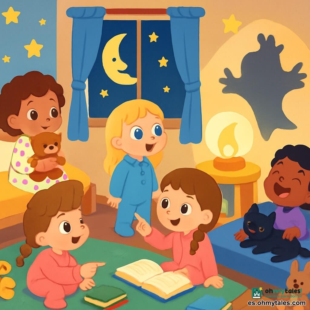Hay 4 niños: - Alma: una niña de 3 años, con cabello rizado y castaño, que lleva un pijama de lunares de colores. Está sentada en su cama, abrazando un oso de peluche, con una mirada curiosa. - Vega: una niña de 3 años, con cabello lacio y rubio, que lleva un pijama azul. Está de pie junto a la ventana, mirando la luna con ojos maravillados. - Nara: una niña de 3 años, con cabello castaño y una trenza, que lleva un pijama rosa. Está sentada en el suelo, rodeada de libros, señalando una sombra en la pared. - Lila: una niña de 3 años, con cabello negro y rizado, que lleva un pijama violeta. Está acostada en su cama, con un gato negro a sus pies, riendo de una sombra que danza en la pared. El lugar es una habitación infantil acogedora, con paredes pintadas en tonos pastel. Estrellas brillantes están pegadas en el techo, y una suave luz emana de una pequeña lámpara en forma de luna. Los peluches están esparcidos por el suelo y los libros coloridos están apilados en una estantería. La situación principal muestra a los niños descubriendo sus miedos a la oscuridad. Se ríen y se divierten nombrando las sombras que bailan en las paredes, transformando el miedo en juego, con estrellas centelleantes y una luna sonriente que los acompaña.