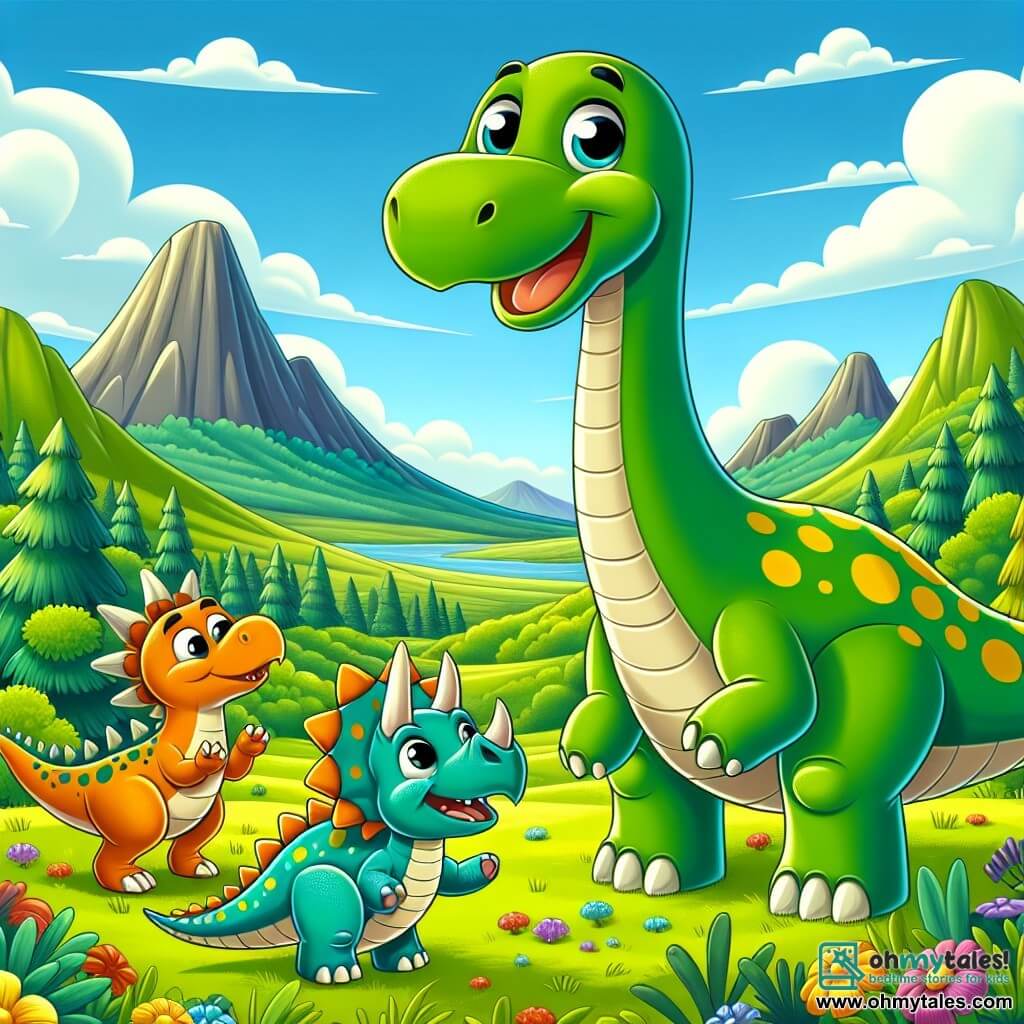 A friendly diplodocus named Dino, with green skin and yellow spots, stands atop a hill, his long neck stretching towards the sky, displaying a joyful and curious expression. Next to him, a small, mischievous triceratops named Tricky, with sharp horns and orange skin, jumps for joy, his eyes sparkling with excitement. A stegosaurus named Steggy, with colorful plates and a spiky tail, stands a bit back, smiling and wagging his tail enthusiastically. The landscape features a lush green valley surrounded by majestic mountains, dotted with colorful flowers and trees with lush foliage, under a bright blue sky. The main scene shows Dino and his friends discovering a sad T-Rex sitting on a rock, tears in his eyes, as they approach him with warm smiles, ready to offer their friendship.