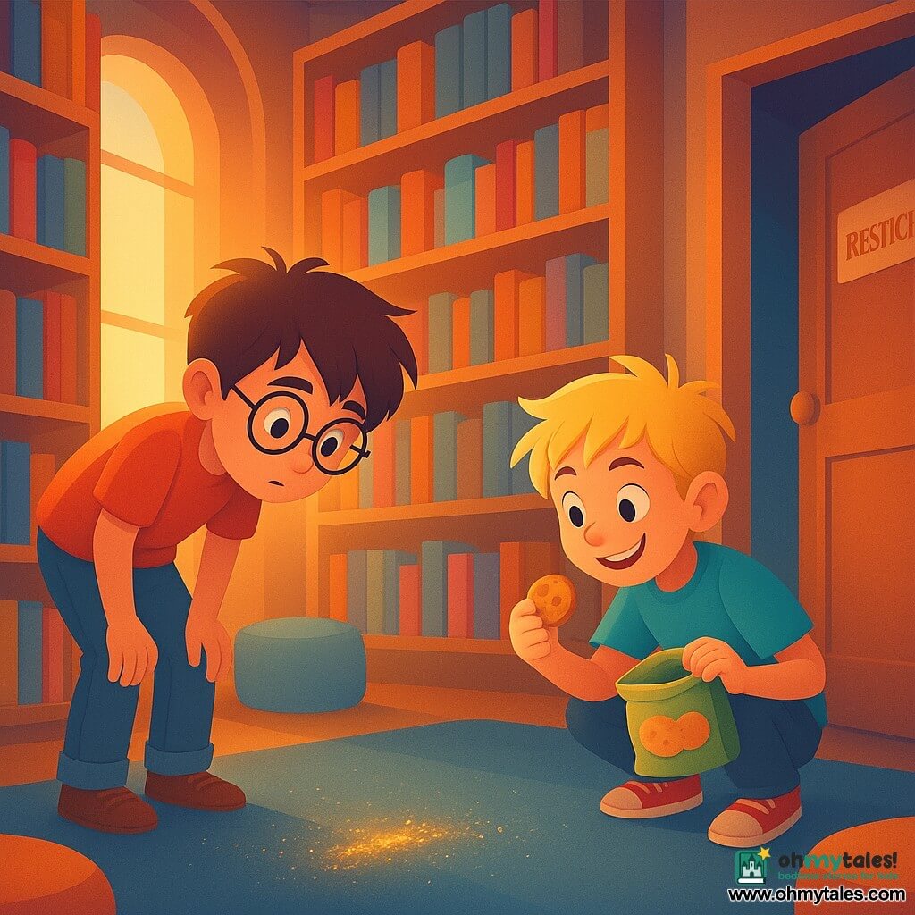 The image features two main characters: Milo, a 10-year-old boy with tousled brown hair and round glasses, leaning forward to examine a clue on the floor; and Ben, also 10, with messy blonde hair and a mischievous smile, crouching next to Milo with a half-opened packet of cookies. They are in a warm, colorful library with tall shelves full of multicolored books. Soft light filters through large windows, illuminating plush rugs and colorful poufs scattered on the floor. The main scene depicts Milo and Ben investigating in the library, following a trail of golden glitter on the carpet leading to a slightly open door marked "Staff Only." The atmosphere is filled with mystery and curiosity, with a sense of discovery and adventure.