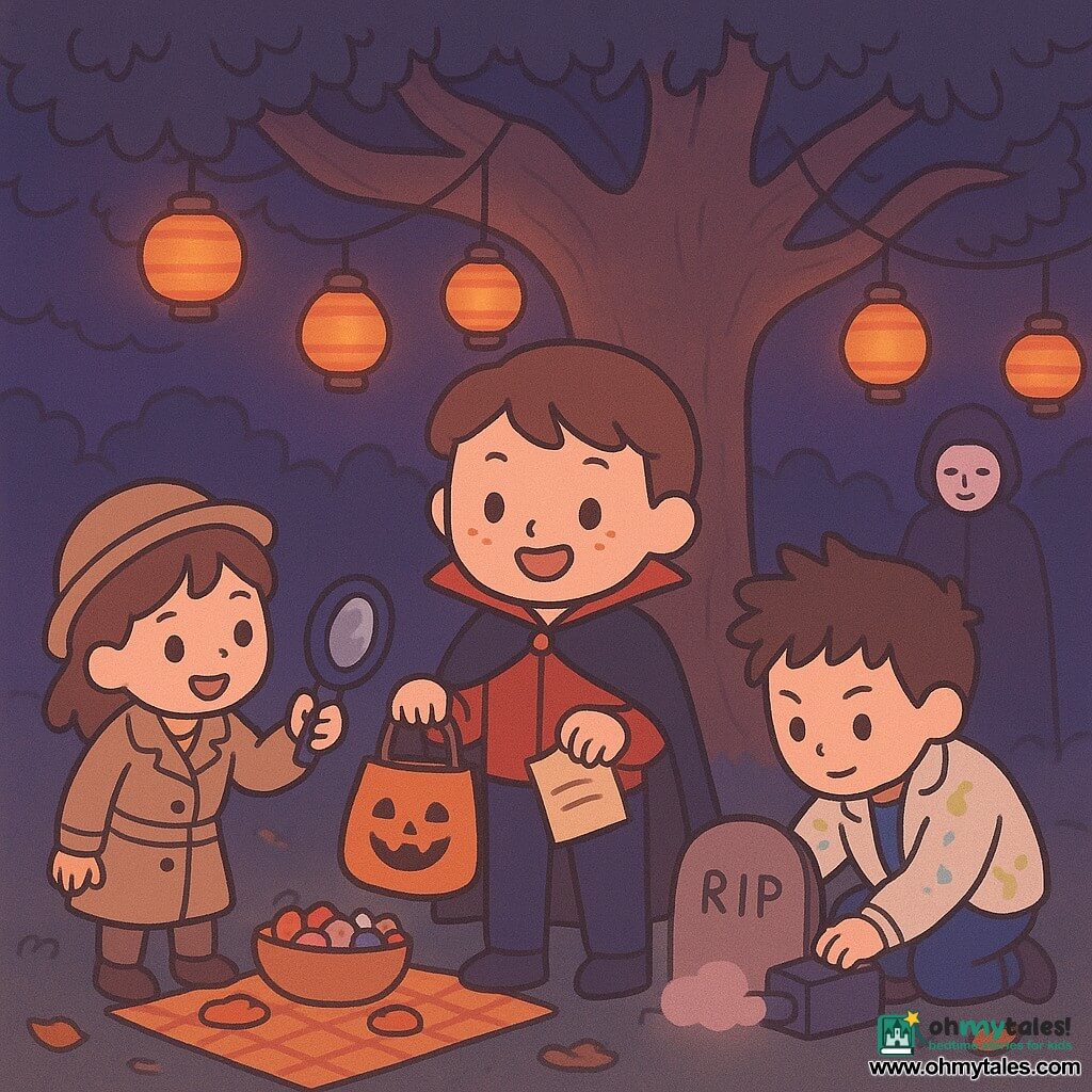 A 12-year-old boy with a round face and freckles, wearing a black cape with a red lining, looking enthusiastic and slightly anxious, holding a bag of candy and a parchment, standing on a small rock in front of an old oak; a 9-year-old girl (Mina) in a beige trench coat and small hat with a mischievous grin holding a shiny magnifying glass to the left of the boy, leaning toward the picnic blanket; a boy of about 12 (Jayden) with messy hair and a white jacket splattered with fluorescent paint, focused and crouched to the right adjusting a concealed smoke machine near a fake cardboard tomb; an elderly man (Mr. Grindle), taller, in a dark cloak with a partially raised white mask, smiling gently under the oak branches; setting: small neighborhood park at night with dark grass, orange lanterns hanging low from a broad oak, leaf-strewn ground, warm pools of light and light ground fog; convivial neighbors in costumes sharing treats and notes and preparing a mild surprise (fog and hidden speaker); composition centered on the main boy with string lanterns forming a luminous arc around the oak; color palette of warm oranges, soft violets, deep greens and red accents; simple rounded lines, soft shadows, minimal kawaii style.