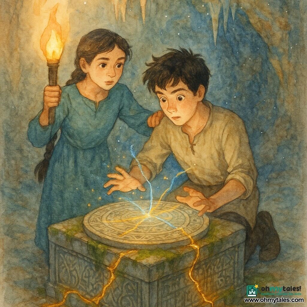 A determined, awed 14-year-old boy with messy black hair kneels, hands on a glowing engraved circular seal atop a cubic stone altar patterned with Ottoman motifs and ancient runes, the wet, mossy stone showing golden fissures; a loyal 14-year-old girl with dark hair in a long braid stands left holding a torch, watching attentively with a hand on his shoulder; they are in the central cave of the Vale of Seals—thin stalactites, glinting water drops, blue and gold mineral veins and light mist—and golden and blue threads of light coil between the boy’s hands and the seal as sparks float, in a soft watercolor palette with gold/blue contrasts.