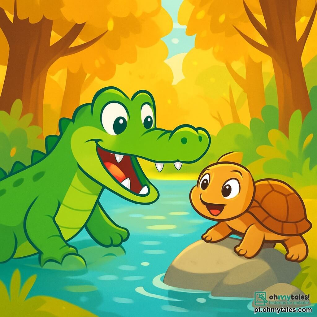 Um crocodilo alegre e curioso, com uma pele verde brilhante e olhos cintilantes de travessura, está à margem de um rio cintilante. Ele sorri amplamente, mostrando seus grandes dentes brancos, enquanto estica seu longo pescoço em direção a uma pequena tartaruga, Teca, que está subindo em uma pedra lisa, com uma carapaça marrom e olhos brilhantes de excitação. A cena acontece à beira de um rio mágico, cercado por árvores majestosas com folhas douradas, onde a luz do sol filtra através dos galhos, criando reflexos na água. Cadu e Teca estão em uma aventura, prontos para explorar a floresta encantada em busca de uma misteriosa fruta dourada, com expressões de entusiasmo e determinação em seus rostos.