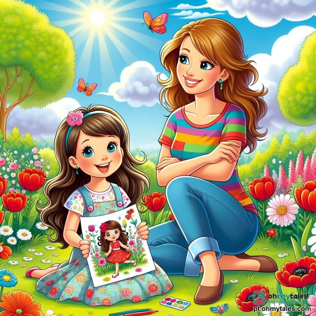 Uma menina de 6 anos, chamada Lia, com longos cabelos castanhos e olhos brilhantes de alegria, está sentada em um jardim florido. Ela usa um vestido leve com estampas coloridas e um grande sorriso ilumina seu rosto enquanto segura um desenho da primavera em suas mãos. Ao lado dela, sua mãe, uma mulher de aproximadamente trinta anos com cabelos castanhos e um sorriso caloroso, a observa com orgulho, de braços cruzados, vestindo uma camiseta colorida e jeans. O jardim está cheio de flores vibrantes, como tulipas vermelhas, margaridas brancas e papoulas, com árvores verdes ao fundo. O céu está azul e ensolarado, salpicado de algumas nuvens brancas e fofas. A cena principal mostra Lia e sua mãe celebrando a vitória de Lia em um concurso de desenho, cercadas pela beleza da natureza primaveril, com pássaros cantando e borboletas voando ao redor delas.