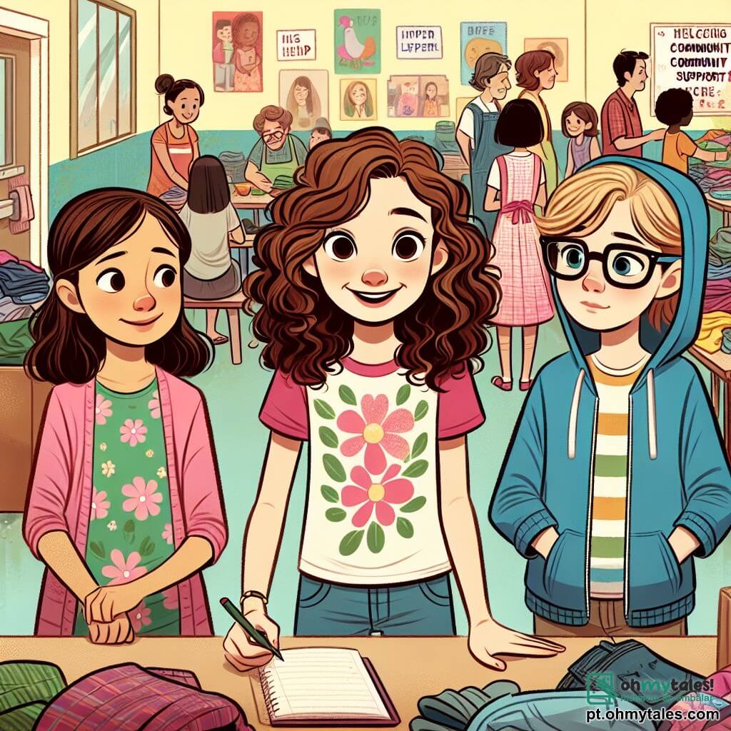 Três meninas de doze anos estão no centro do palco: Clara, com cabelos castanhos e cacheados, usa uma camiseta rosa e jeans, sorrindo entusiasticamente; à sua direita, Júlia, com cabelos loiros e lisos, vestida com um vestido florido, observa curiosamente um grupo de pessoas; e à esquerda, Marina, com cabelos castanhos e óculos, usa um moletom azul e anota em um pequeno caderno. O ambiente é um centro comunitário acolhedor, com paredes coloridas e cartazes de apoio à comunidade. Mesas estão cheias de roupas e alimentos, e voluntários sorridentes trabalham ao redor, criando uma atmosfera de solidariedade e ajuda mútua. As meninas conversam com adultos e crianças que buscam ajuda, demonstrando seu desejo de aprender e contribuir para essa bela iniciativa.