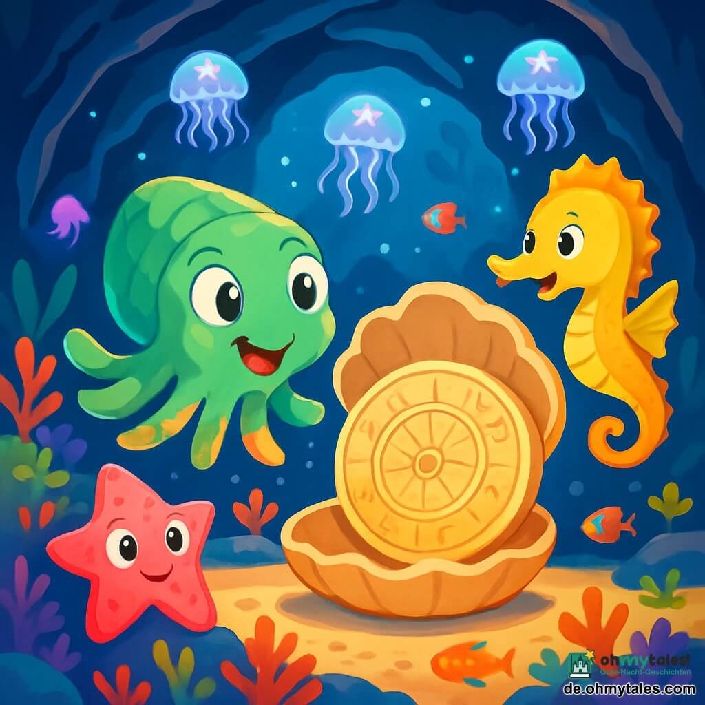 Finja, ein niedlicher, fröhlicher Tintenfisch mit grünem Panzer und neugierigen, funkelnden Augen, schwimmt fröhlich in einer von schimmernden Quallen erleuchteten Unterwassergrotte. Sie lächelt staunend, ihre Flossen bewegen sich begeistert. An ihrer Seite beobachtet Sammy, ein kleiner, leuchtend rosa Seestern, die Szene mit großen, funkelnden Augen und schwebt friedlich im klaren Wasser. Pia, ein goldener Seepferdchen mit silbernen Reflexen, tanzt um sie herum, ihre Flossen bewegen sich elegant, während sie Freude und Aufregung ausstrahlt. Die Grotte ist gefüllt mit bunten Korallen, strahlenden Fischen und sanften Lichtern der Quallen, die wie Sterne in der Dunkelheit schweben. Die Wände der Grotte sind mit natürlichen Mustern geschmückt, was eine magische und geheimnisvolle Atmosphäre schafft. Die Hauptsituation zeigt Finja und ihre Freunde, die eine große, geöffnete, alte Muschel entdecken, die einen wunderschön geschnitzten Gezeitenkalender offenbart, während sie über ihre erstaunliche Entdeckung in dieser zauberhaften Unterwasserumgebung staunen.