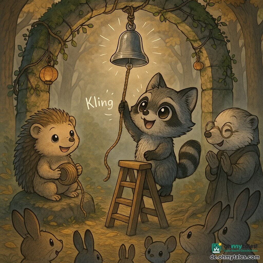 Anthropomorpher junger Waschbär mit großen glänzenden Augen und grau-schwarzem, gut texturiertem Fell steht auf einer kleinen Holzleiter und befestigt eine silberne Glocke über einem moosbewachsenen steinernen Torbogen; links sitzt der junge Igel Leni mit weichen braunen Stacheln lächelnd auf einem Stein und hält eine Rolle Grasfaserseil bereit, rechts eine alte Dachs-Dame, klein mit Zweigbrille, steif aber zufrieden applaudierend; vorn ein aufmerksames, kompaktes Publikum aus mehreren Kaninchen und einer Maus mit aufgestellten Ohren; der Torbogen ist mit verschlungenen Ästen, Efeu und hängenden Kürbislaternen geschmückt, Laub und verwurzelter Boden liegen darunter; Dämmerungsstimmung mit warmem honigfarbenem Licht und leichter Bodennebel, der Wind lässt die Glocke klingen, dargestellt durch Lichtwellen um die Glocke; zentrierte Komposition, warme Farben mit silbernen Akzenten und langen Schatten.