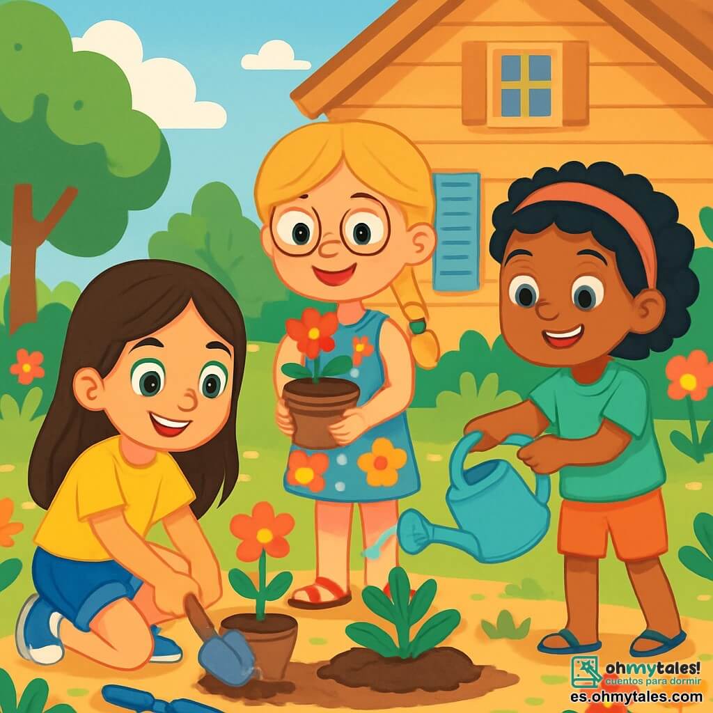 Hay 3 personajes: Ana, una niña de 8 años con cabello largo castaño y ojos brillantes, que lleva una camiseta amarilla y un short de mezclilla, agachada con una pala pequeña lista para plantar una flor; Clara, otra niña de 8 años con trenza rubia y gafas redondas, vestida con un vestido de flores coloridas y sandalias, de pie y sonriendo mientras sostiene una maceta con una flor; y Sofía, también de 8 años, con cabello negro rizado y una diadema rosa, que lleva una camiseta verde y pantalones cortos, regando una planta con una expresión alegre. Las tres amigas están en el jardín soleado de la abuela de Ana, rodeadas de flores y árboles verdes, con tierra y pequeñas herramientas de jardinería en el suelo. Al fondo se ve una gran casa de madera con contraventanas azules y un cielo azul claro con algunas nubes blancas. La escena principal muestra a las tres niñas plantando flores juntas, con sonrisas radiantes en sus rostros, reflejando su entusiasmo y compromiso con la protección del medio ambiente.