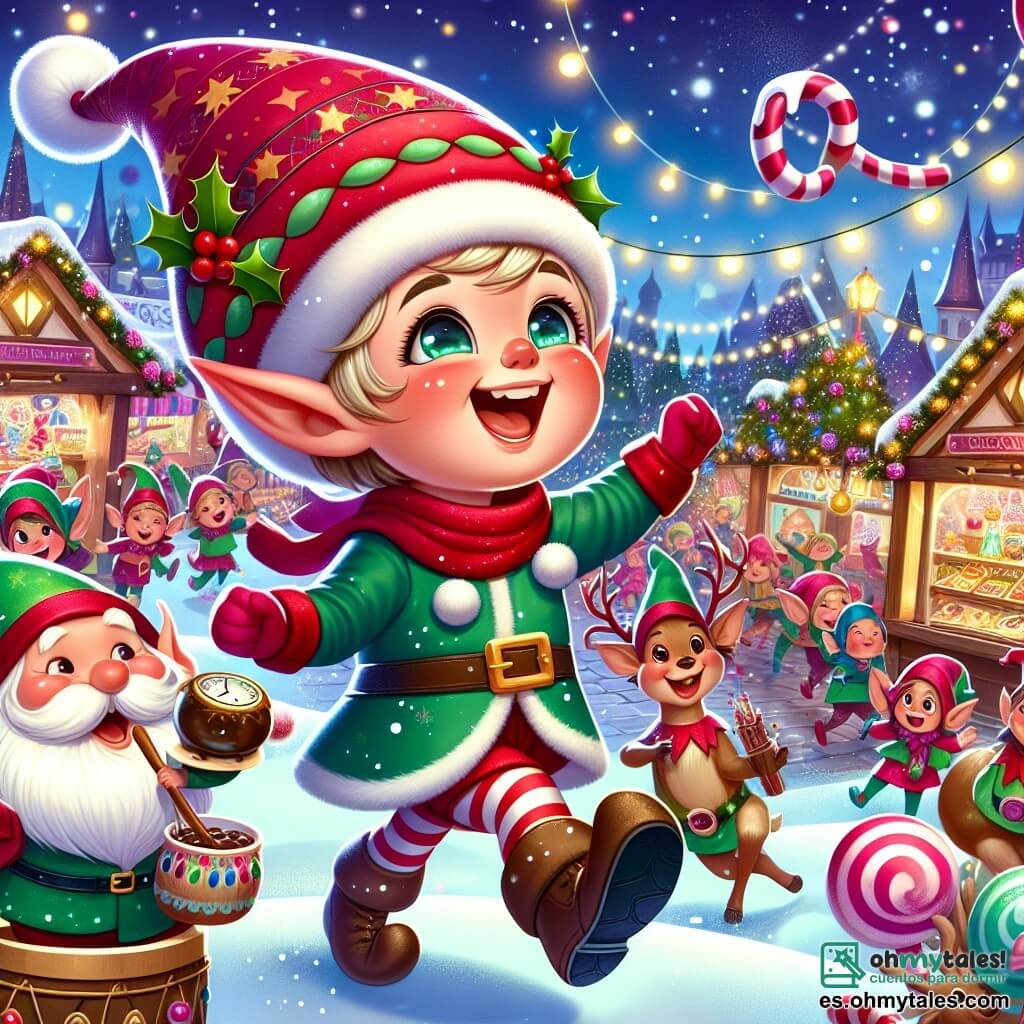 Ilustración que representa a un pequeño elfo alegre, con orejas puntiagudas y una gran sonrisa. Lleva un gorro rojo adornado con pompones y un abrigo verde de terciopelo, sus ojos brillan de emoción mientras baila en medio de un mercado navideño mágico. A su lado, un pequeño gnomo con barba blanca y un sombrero en forma de cono, que muestra una expresión amigable. Sostiene un pequeño reloj de madera y parece listo para ayudar al elfo en su búsqueda. Al fondo, el mercado está iluminado, con puestos coloridos que venden golosinas y juguetes de madera. Copos de nieve caen suavemente, añadiendo un toque mágico. La escena principal muestra al elfo y al gnomo buscando juntos a la familia del elfo, rodeados de risas y música festiva. Renos músicos tocan alegremente y niños se divierten alrededor de una fuente de chocolate, creando un ambiente cálido y alegre. Otros elementos incluyen estrellas brillantes en el cielo nocturno, guirnaldas luminosas en los árboles de caramelo y copos de nieve que caen lentamente, reforzando el espíritu navideño y la magia del momento.