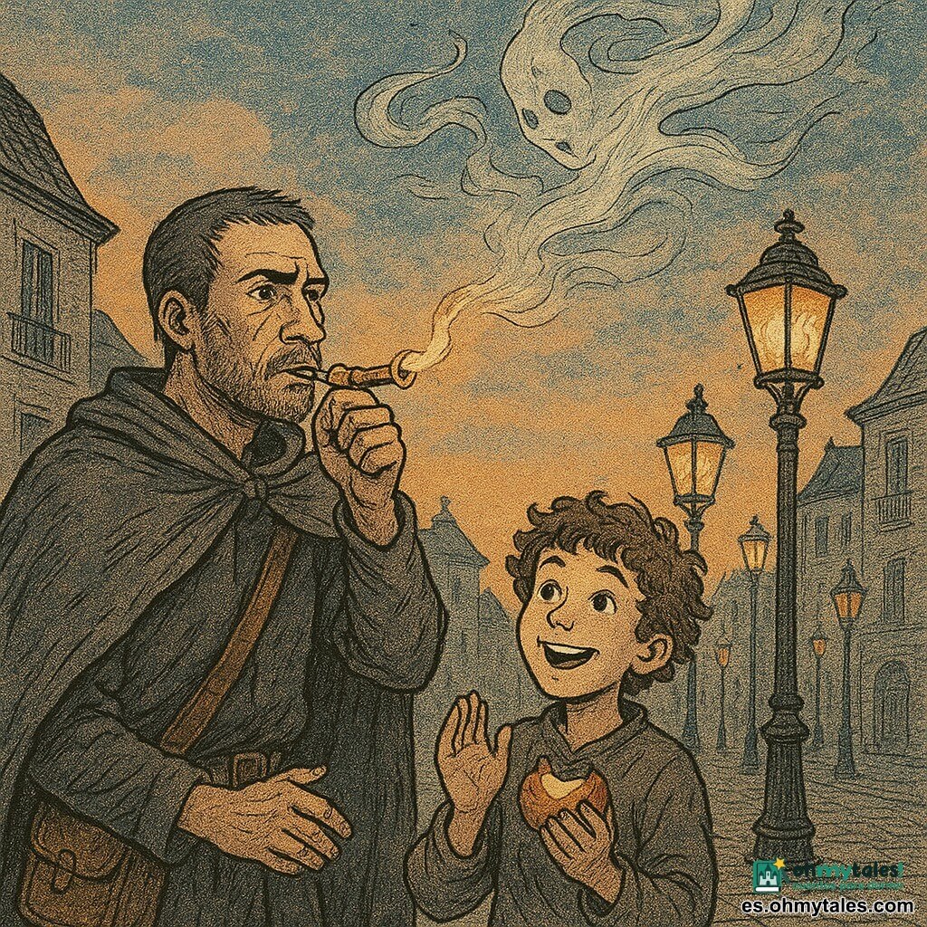 Lorian, hombre de rostro marcado, barba corta y mirada serena y decidida, con capa gastada y bolsa de cuero, sopla un pequeño silbato de cobre para guiar el viento hacia la primera farola; junto a él Naro, un niño de unos 10 años de cabello rizado, ojos abiertos y sonrisa maravillada, aplaude sosteniendo una manzana mordida y mira la llama. Brisado, el viento personificado, se muestra como un remolino translúcido de hojas y polvo con cuerpo filiforme y ojos de niebla que envuelve la llama sin apagarla, flotando sobre las farolas. En el Campanario de las Farolas, en el centro de una plaza empedrada al crepúsculo, piedras grises texturadas, balcones de forja y filas de farolas frente a un cielo naranja y azul y siluetas de casas de tejados inclinados. Escena: Lorian y Naro encienden la primera lámpara mientras Brisado transporta delicadamente la chispa a lo largo de las farolas; atmósfera heroica y serena, luces cálidas en contraste con el aire fresco y las largas sombras. Estilo visual: trazos de tinta visibles, tramas de puntos, colores deslavados pero contrastados y texturas de papel de periódico, composición centrada en la llama y el trío.