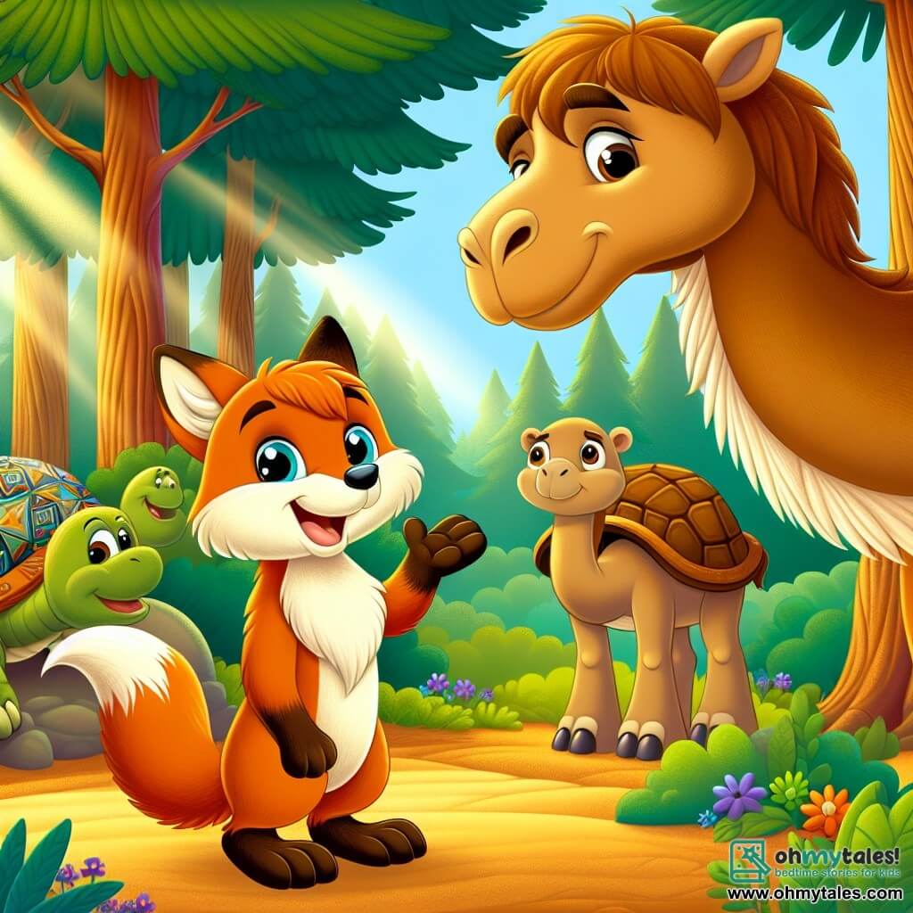 In the center of the image, a young fox named Felix, with bright orange fur and curious sparkling eyes, smiles enthusiastically. He is reaching out a paw towards a large dromedary, expressing his desire to learn and make friends. On the left, Amir, the beige dromedary with gentle eyes, looks at Felix with a kind smile, his large attentive ears and imposing body contrasting with the lightness of the moment. He stands near a large tree, listening intently to Felix. On the right, Tarek, a turtle with a shell adorned with colorful patterns, observes the scene with a wise and serene gaze, sitting on a flat stone. Her expression is gentle, and she seems ready to share her desert stories. The setting is a bright clearing in Evergreen Woods, surrounded by majestic trees with golden leaves and a ground covered in colorful wildflowers. Sunlight filters through the foliage, creating a warm and welcoming atmosphere. The main scene shows Felix and Amir engaged in conversation, sharing stories and laughter, symbolizing friendship and diversity, while Tarek listens, ready to enrich their exchange with her wisdom.