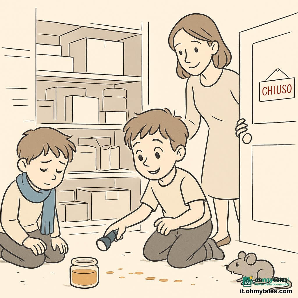 Bambino di 6 anni (Tommaso) in ginocchio, volto curioso, occhi grandi e sorridenti, capelli castani corti, tiene una piccola torcia accesa e indica un vasetto di miele aperto; la maestra Lina (circa 30 anni) è dietro di lui, sguardo benevolo, mano sulla porta socchiusa e leggermente inclinata verso il bambino; altro bambino di 6 anni (Enrico), piccolo con capelli spettinati, imbarazzato ma sollevato, in ginocchio vicino a una scatola rovesciata con una sciarpa blu, a sinistra di Tommaso; piccola topo grigio vicino al vasetto, muso tondo e occhi lucenti; ambientazione: magazzino della scuola con scaffali bassi, scatole impilate, rotoli di carta e pavimento leggermente polveroso, porta con adesivo rosso “CHIUSO”; situazione: scoperta dolce e sorpresa con tracce di gocce di miele che portano al vasetto e al topo, personaggi raccolti in cerchio, espressioni empatiche, composizione chiara, linee nette e ombreggiature leggere, formato orizzontale, senza testo.