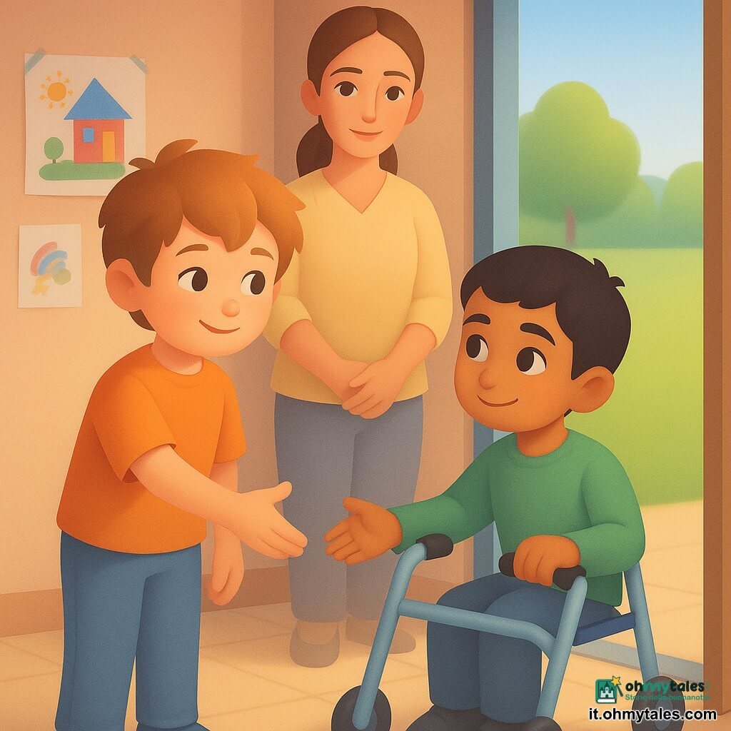 Un ragazzo di 8 anni dal viso rotondo e capelli castano chiaro spettinati, sguardo timido ma caloroso, sorride e porge la mano; Samir, circa 8 anni, pelle olivastra, capelli neri corti e occhi curiosi, con un piccolo deambulatore a due ruote azzurro, sorride timidamente seduto vicino alla porta dell'aula; la maestra Giulia, 30–35 anni, capelli castani raccolti e camice giallo pallido, sta dietro ai bambini con le mani giunte e uno sguardo benevolo; luogo: soglia dell'aula verso un grande cortile erboso, pavimento piastrellato beige, porta aperta con riflessi di luce e disegni dei bambini appesi al muro; situazione: momento dolce in cui il ragazzo invita Samir a giocare, mano tesa, sorriso condiviso, atmosfera luminosa e accogliente in toni pastello e ombre morbide.