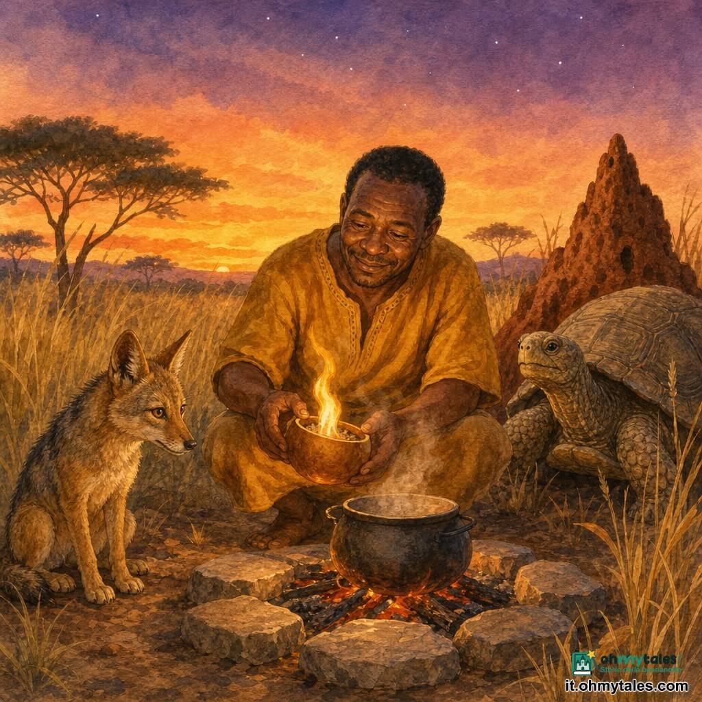 Kofi, uomo adulto calmo e paziente, volto sorridente con leggere rughe, pelle bruna, capelli corti, accovacciato vicino a un piccolo focolare tiene una zucca vuota davanti al fuoco come scudo dal vento; un giovane sciacallo maschio dal pelo fulvo e occhi vivaci è seduto a sinistra a pochi passi, testa inclinata e zampe ripiegate, guarda il fuoco con impazienza; una vecchia tartaruga femmina dalla carapace rugosa è vicino a un termitaio dietro Kofi, immobile e attenta come a osservare; ambientazione: savana al crepuscolo con erbe alte dorate, un piccolo monticello di termiti rossastro, alcune pietre disposte in cerchio e un cielo sfumato arancio-violaceo con le prime stelle; Kofi ha acceso una fiamma in un nido di erba secca, una scintilla è diventata una dolce lingua di fuoco, la zucca attenua il vento e protegge la fiamma, una pentola nera fuma sulle braci; stile: acquerello morbido, texture granulose, palette calda (ocra, arancio, marrone, verdi tenui), tratti fini e contorni leggermente sfumati.