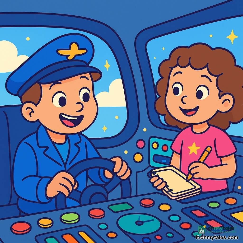Un uomo sorridente di nome Luca è seduto in una cabina di simulatore di volo. Indossa una giacca blu brillante, un cappello con un piccolo aereo dorato, e i suoi occhi brillano di gioia e concentrazione. Le sue mani sono sul volante, pronto a decollare, e il suo viso esprime grande eccitazione. Accanto a lui, una bambina di circa 7 anni di nome Emma osserva attentamente. Ha i capelli ricci e indossa una maglietta rosa con stelle. Tiene un quaderno e sorride, incoraggiando Luca nel suo volo immaginario. Il simulatore è una stanza magica, piena di pulsanti colorati e luci scintillanti. Da una grande finestra si vedono nuvole bianche e cielo blu, creando un'atmosfera da sogno. Luca si prepara a far decollare il suo aereo virtuale, sentendo la dolce brezza sul viso, mentre Emma lo incoraggia con entusiasmo.