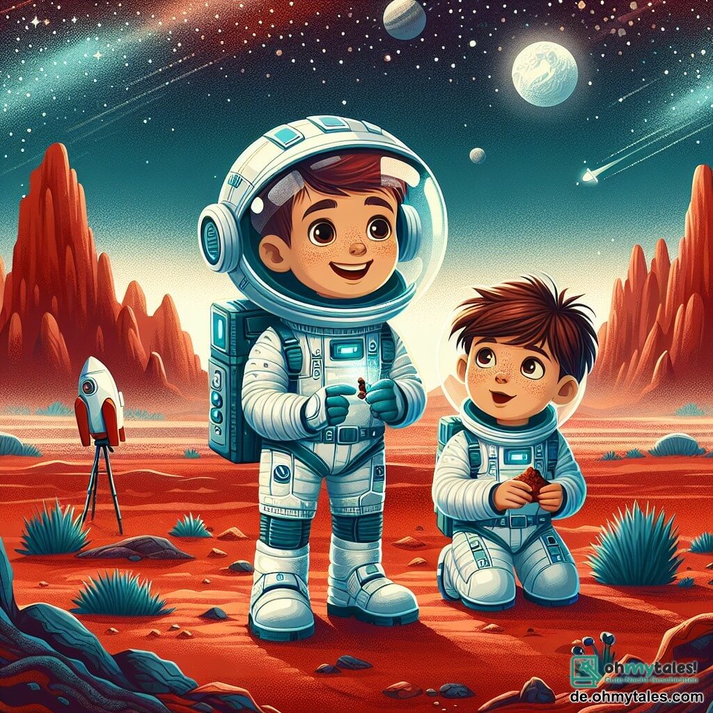 Ein Astronaut namens Max steht auf der roten Oberfläche des Mars, gekleidet in einen eleganten und glänzenden weißen Raumanzug mit blauen Akzenten. Sein Gesicht ist durch den Helm sichtbar und zeigt einen Ausdruck von Freude und Staunen, während er ein kleines Martianbodenproben in seiner Hand hält. Neben ihm steht Leo, ein 11-jähriger Junge mit zerzausten braunen Haaren und neugierigen Augen, der ein kleines Teleskop hält und den Sternenhimmel beobachtet. Sie stehen auf einem staubigen Boden, umgeben von seltsamen Felsformationen und majestätischen Bergen unter einem sternenklaren Himmel mit leuchtenden Sternen und einer fernen Sicht auf die Erde. Die Hauptsituation zeigt Max und Leo, die gemeinsam die marsianische Landschaft erkunden, wobei Max seine Entdeckung des Martianbodens teilt, was Freundschaft und Abenteuer im Weltraum symbolisiert.
