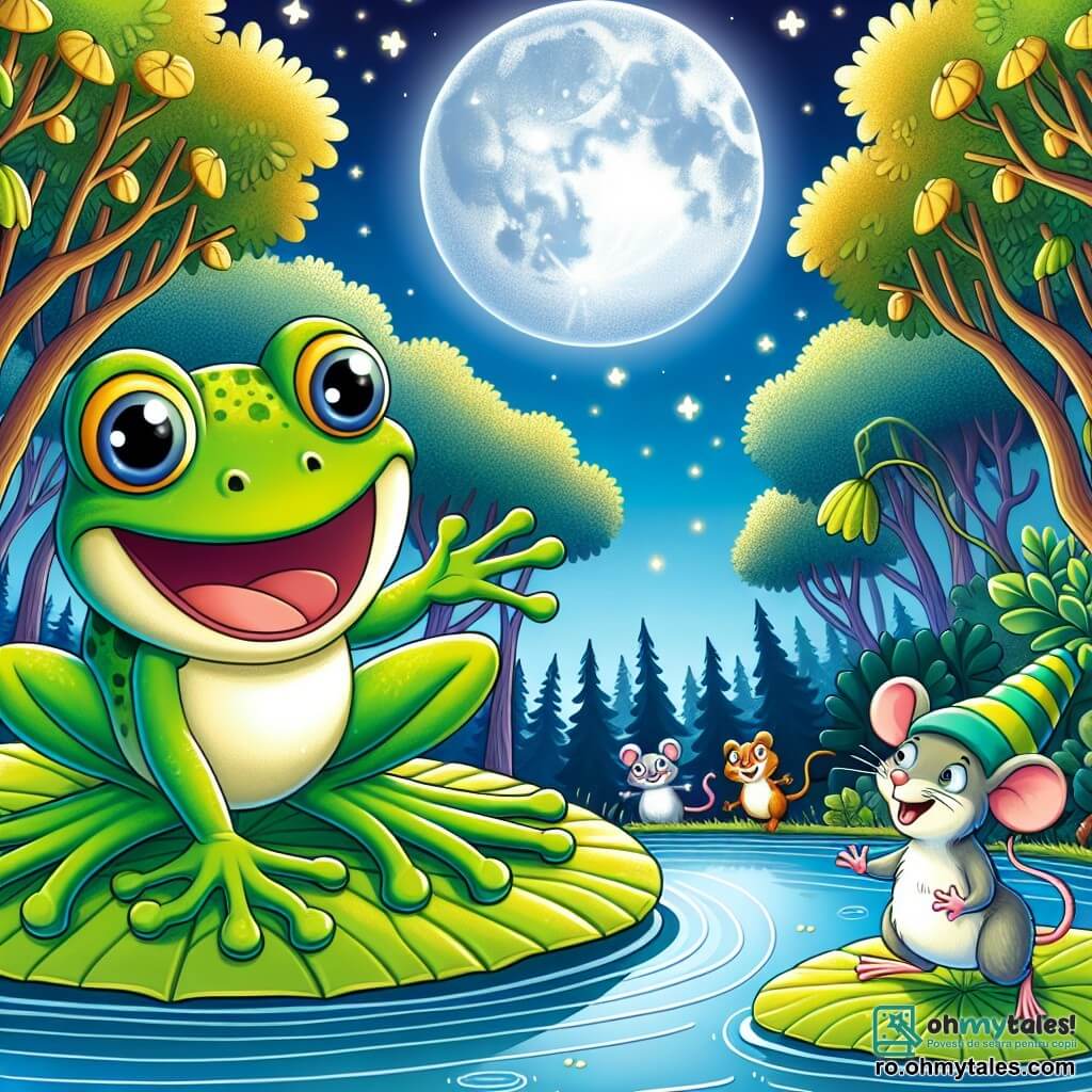 O broască veselă numită Gigi, cu o piele verde strălucitoare și ochi mari și rotunzi plini de excitație, sare pe o frunză mare de nuferi lângă un lac. Zâmbește larg, cu picioarele din spate pliate, pregătită pentru un salt spectaculos. Lângă ea, un șoricel mic numit Maruș, purtând o pălărie mare și amuzantă, o încurajează ridicând o labă, cu un zâmbet jucăuș pe față. Lacul este înconjurat de copaci mari cu frunze aurii, iar luna strălucește pe cerul înstelat, iluminând scena cu o lumină argintie blândă. Gigi și Maruș se pregătesc să participe la o competiție de sărituri, înconjurați de alți animale curioase care îi privesc cu nerăbdare și entuziasm.