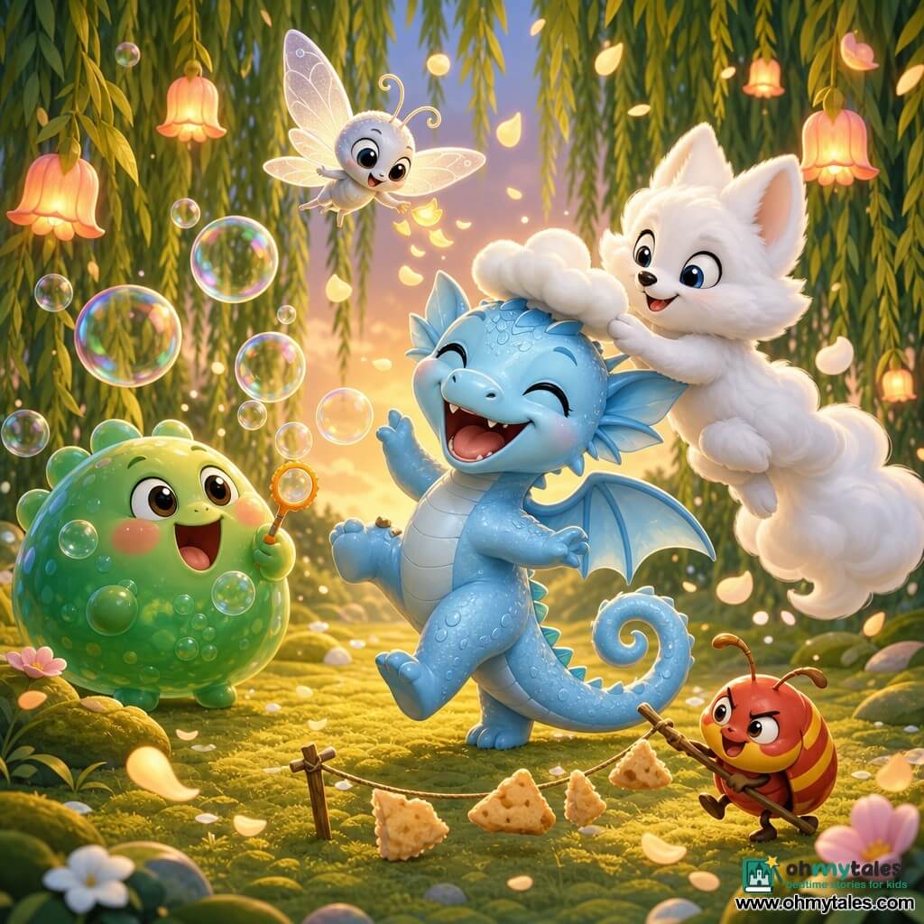 A small gentle dragon with pale blue scales that sparkle like water droplets, a spiral tail and rounded wings, smiling and laughing as it dances on two legs while waving its tail, surrounded by friends: Bloop, a round green jelly creature bubbling and blowing floating bubbles to the dragon’s left; Luna, a tiny silver moth with translucent shimmering wings fluttering above and dropping glowing petals; Fluff, a fluffy white cloud-fox with big gentle eyes floating to the right and placing a cloud hat on the dragon; Pip, a mischievous small red-and-yellow striped beetle parading in front with a tiny crumb-banner; all in a grassy clearing under weeping willows with mossy ground and flower lanterns, golden twilight light, petals and bubbles drifting—an intimate joyful birthday celebration centered on the dragon with exaggerated dance poses and a warm playful atmosphere.