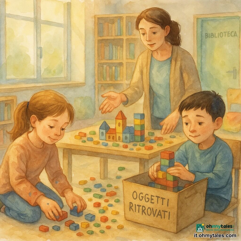 Bambina di 8 anni, leggermente sorridente e concentrata, capelli castano chiaro in coda, dita macchiate di pittura, inginocchiata a raccogliere mattoncini rossi e blu; maestra adulta (~30–40 anni), volto dolce, capelli castani raccolti, in piedi accanto a un tavolo a indicare come dividere i pezzi; ragazzo di 8 anni timido ma sollevato, capelli neri corti, seduto a rimettere una torre incompleta in una scatola accanto alla bambina; ambiente: laboratorio scolastico luminoso con grandi finestre, scaffali di legno pieni di libri, angolo cuscini colorati e porta verde della biblioteca sullo sfondo; sul tavolo una cittadina in costruzione di mattoncini multicolore, pezzi sparsi e una scatola aperta con etichetta OGGETTI RITROVATI; atmosfera dolce, toni pastello acquerellati, texture sfumate e luce dorata del mattino che filtra, movimento di mani che raccolgono e separano i pezzi.