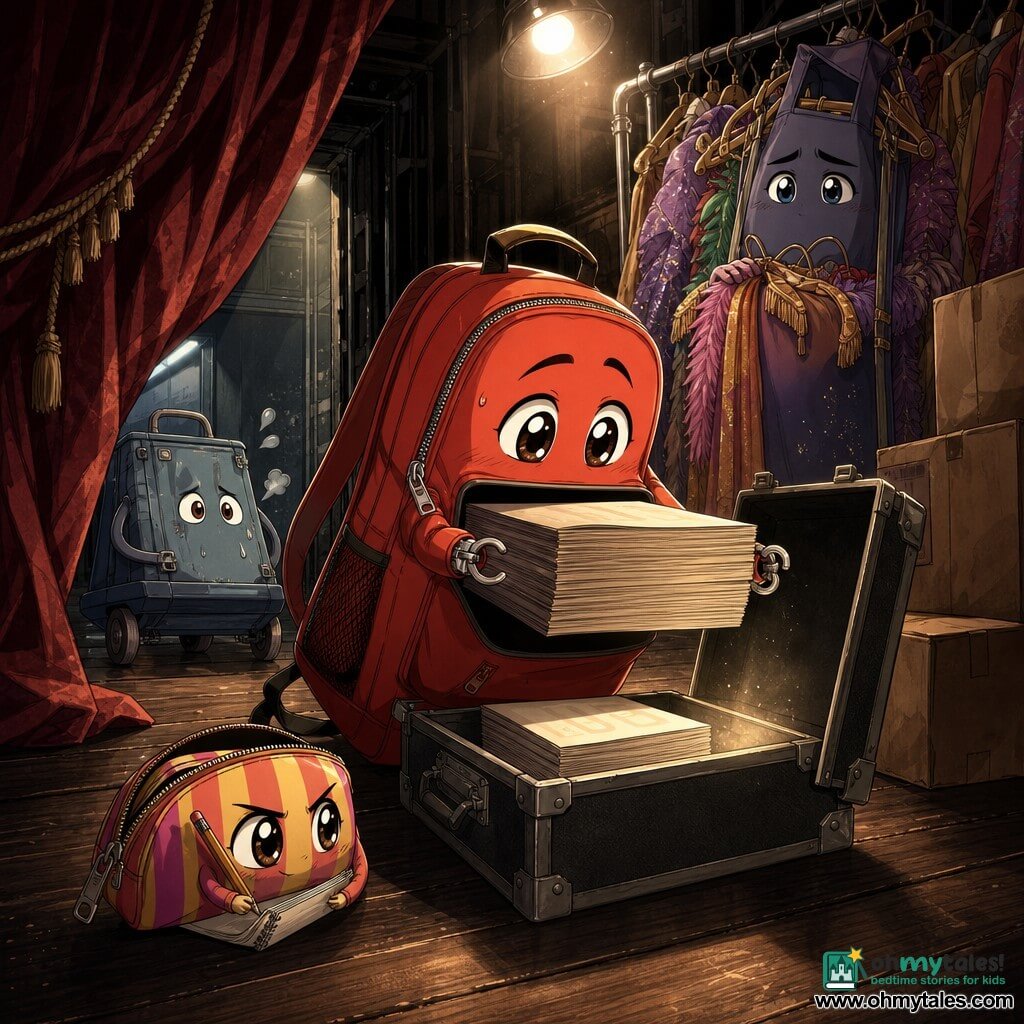 A red backpack named Clip, the determined and relieved main character with wide, shiny eyes and zipper hands, delicately holds a stack of thick printed programmes in his open front pocket; nearby Pippa, a small striped pencil case, looks mischievous and focused with a partially open zipper as if taking notes; Rax, a tall, slightly sheepish character wearing hangers and colorful costumes with glitter dust on his back, stands near a clothing rack watching with shame and hope; Skid, a small blue wheeled cart, looks worried and out of breath parked by a side door with a few drops of water on it. The setting is the backstage of an old school theater—dark wooden stage floor, rumpled burgundy velvet curtain, a hanging round spotlight, stacks of cardboard boxes—and a black microphone case opened center-stage reveals the real stack of programmes. The key moment shows Clip solemnly pulling the real programmes from the open case under soft spotlight, a warm, detailed, suspenseful-but-friendly scene with dynamic composition focused on the pile.