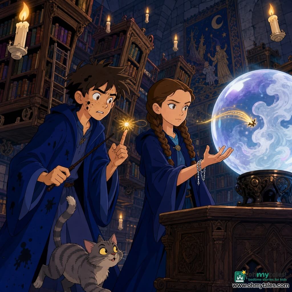 Milo, a 12-year-old wizard boy with ink spots, a few freckles, messy hair and a slightly wrinkled navy robe, looks anxious but determined as he delicately holds a small glowing firefly on his index finger and a thin black wooden wand in the other hand; Lyra, a 12-year-old witch girl calm and focused with long tight brown braids and a silver cord around her wrist, stands by a dark wooden desk with her palm open toward a large floating glass globe ready to receive the message; Pickle, a small mischievous gray tabby cat, weaves at Milo’s feet, tail up and curious about the firefly; the tiny firefly, trailing golden light, enters an opalescent Lumen Globe where a pale, moonlike mist swirls; the scene is the Forbidden Library—narrow aisles of carved moving shelves, rolling ladders, floating candles and damp stone walls hung with ancient tapestries—warm ambient light contrasting with the globe’s cold glow, Milo trembling but resolute and Lyra protective as they stand side by side in a magical, slightly tense atmosphere with the shifting shelves as a dynamic backdrop.