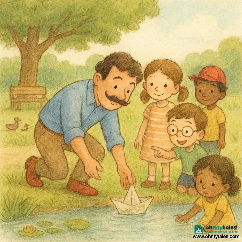 A smiling, focused detective with a curly mustache, blue shirt, comfortable pants and bright red shoes leans over a grassy-edged pond to retrieve a wet paper boat that was a treasure map; behind him a relieved 7-year-old girl with pigtails in a striped dress watches, an excited 8-year-old boy with glasses and a green T-shirt points, a shy 5-year-old boy in a red cap and curly hair stands near a slide, and a 4-year-old girl in a yellow dress kneels at the water’s edge with wet hands looking sheepish but kind. The sunny park features a large oak, a wooden bench, a sandbox, lilies and distant ducks; mood is soft and light with a pastel palette, visible pencil and watercolor wash textures, composition centered on the gesture of picking up the paper.