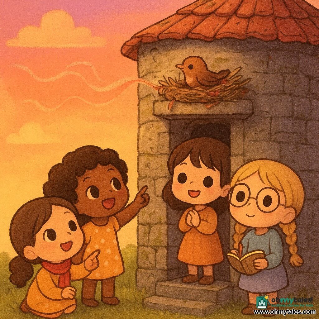 Four girls: Lily, 7, light brown ponytail, bright eyes and a small red scarf, standing on the lawn with hands raised toward the tower; Mia, 7, curly black hair and a bright smile, yellow polka-dot dress, crouched left of Lily pointing at the roof nest; Grace, 8, braided blonde hair and round glasses, notebook and pencil in hand, slightly behind and to the right taking notes; Sofia, 7, straight brown hair, focused, hands clasped, on the tower steps near the window listening to the wind. They are close to an old round three-story stone tower with textured grey bricks, cracks, green moss, a worn wooden window sill and a round red-tiled roof; on the roof edge sits a small nest of twigs, grass and red threads (pieces of scarf) with a tiny brown bird holding a red thread. Warm, intimate scene at a rosy-orange sunset with translucent ribbons of wind, bright pastel colors and golden evening light, expressions of wonder and shared delight.