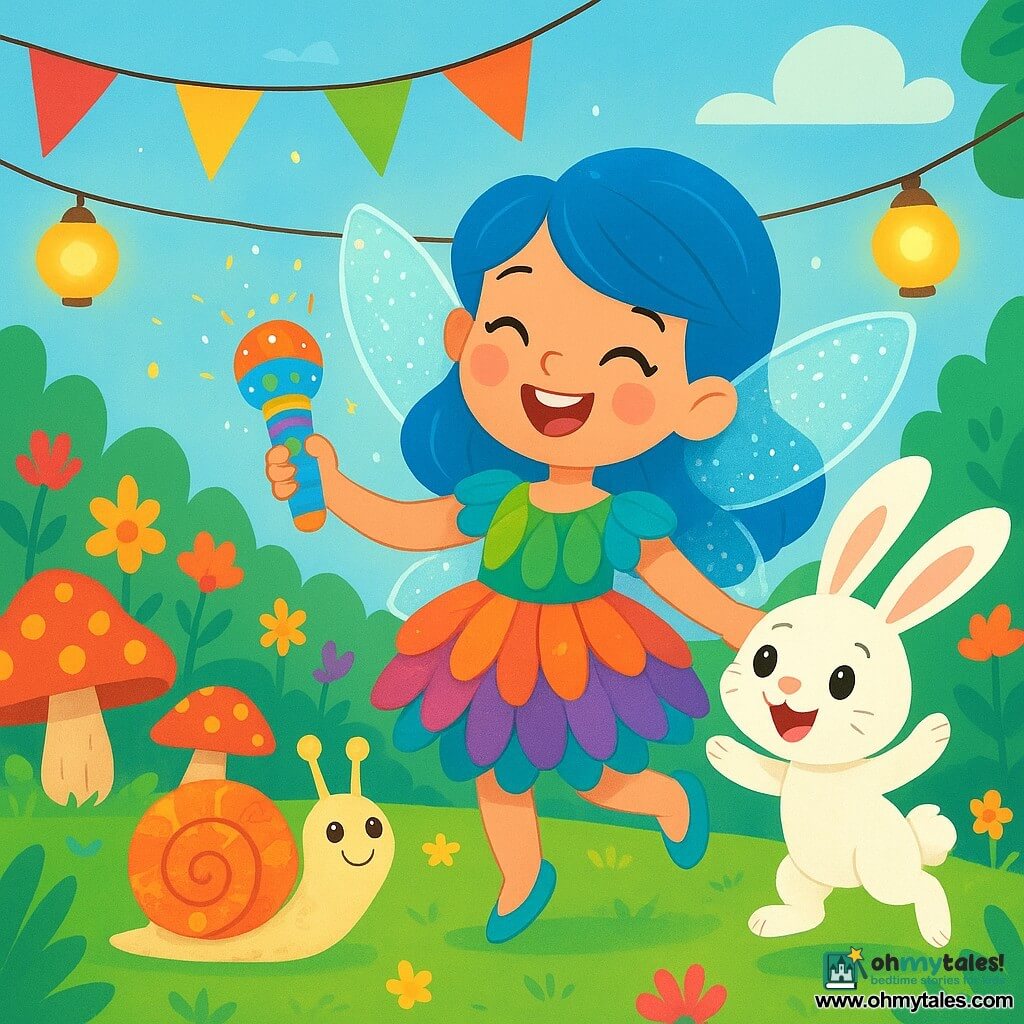 A sparkling fairy, Pip, with shimmering wings like dewdrops, joyfully smiles while holding a funny gadget, the Silly String-Singer, which shines in a thousand colors. Her hair is bright blue, and she wears a dress made of multicolored flower petals. Next to her, Bop, a small rabbit with large ears and soft white fur, jumps enthusiastically, his eyes sparkling with excitement. Dot, a delicate snail with a spiraled shell adorned with floral patterns, watches in admiration, her small flower on her head swaying gently. The scene takes place in the enchanted clearing of Bumbleberry Glen, where colorful mushrooms grow in circles and flowers vibrate to the rhythm of a soft melody. Glowing lanterns float in the air, and a light blue sky serves as the backdrop. Pip and her friends are busy straightening a long line of flags and lanterns for the parade, filled with laughter and joyful singing, while Pip's gadget plays a catchy tune, creating a festive and magical atmosphere.