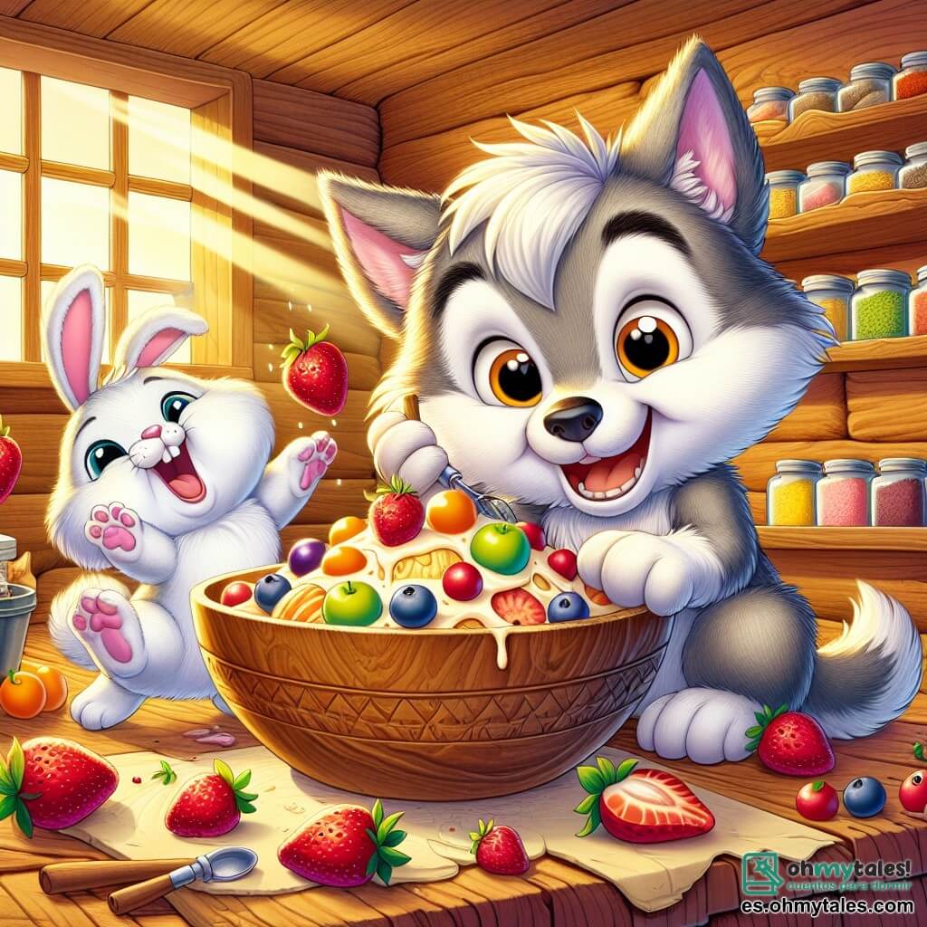 Un pequeño lobo llamado Lupi, con un pelaje gris y ojos brillantes de alegría, está mezclando frutas coloridas en un gran tazón de madera, con una amplia sonrisa en su rostro. A su lado, su amigo Rocco, un adorable conejito blanco con grandes orejas y mejillas rosas, salta de alegría mientras sostiene una fresa en sus patas, mostrando una expresión de emoción. La escena transcurre en una cocina acogedora, con paredes de madera, estanterías llenas de frascos de especias y rayos de sol filtrándose por una ventana, iluminando el alegre desorden de la preparación del pastel. Lupi y Rocco se divierten preparando un delicioso pastel de frutas para el Día del Padre, rodeados de colores vivos y un ambiente festivo, creando una atmósfera de felicidad y amistad.