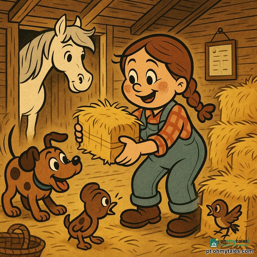 Uma agricultora sorridente e enérgica, cabelos castanhos trançados, rosto redondo com leves manchas de terra, vestindo macacão jeans azul e camisa xadrez vermelha, segura delicadamente um pequeno fardo de feno dourado; um cão chamado Fífia, fêmea de pelo castanho às manchas, abana o rabo junto às botas da fazendeira olhando para um canto do sótão; um cavalo branco chamado Pompom, macho, com crina sedosa, fica na entrada curioso; um pequeno pardal marrom, minúsculo e tremendo, com asa ligeiramente aberta, está preso entre duas fardos de feno à direita da cena; o local é um grande sótão de madeira com tábuas aquecidas e envelhecidas, luz dourada entrando por frestas, pilhas de fardos de feno amarelo-dourado, um quadro de agenda na parede com notas e cestos de vime no chão; a agricultora empilha fardos, descobre o pássaro e prepara-se para libertá‑lo, atmosfera suave e animada, cores quentes e sombras suaves.