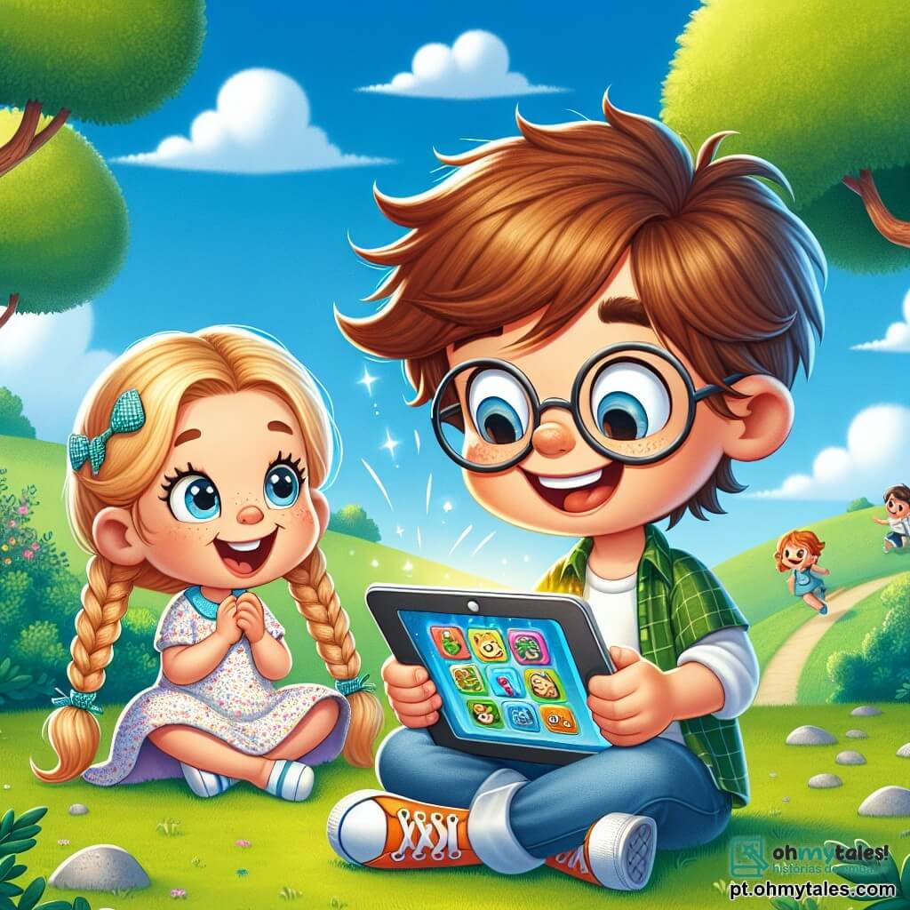 Um garoto de 12 anos, Lucas, com cabelos castanhos bagunçados e óculos redondos, está sentado na grama verde de um parque ensolarado, com um grande sorriso no rosto, segurando um tablet nas mãos. Ao lado dele, sua irmãzinha Sofia, uma menina de 9 anos com longos cabelos loiros trançados e um vestido colorido, observa com admiração a tela do tablet, seus olhos brilhando de curiosidade. Ao fundo, vêem-se árvores majestosas com folhas verdes e um céu azul salpicado de nuvens brancas, criando uma atmosfera alegre e acolhedora. Lucas e Sofia estão descobrindo juntos um novo jogo educativo no tablet, simbolizando seu equilíbrio entre o mundo digital e a natureza ao redor.