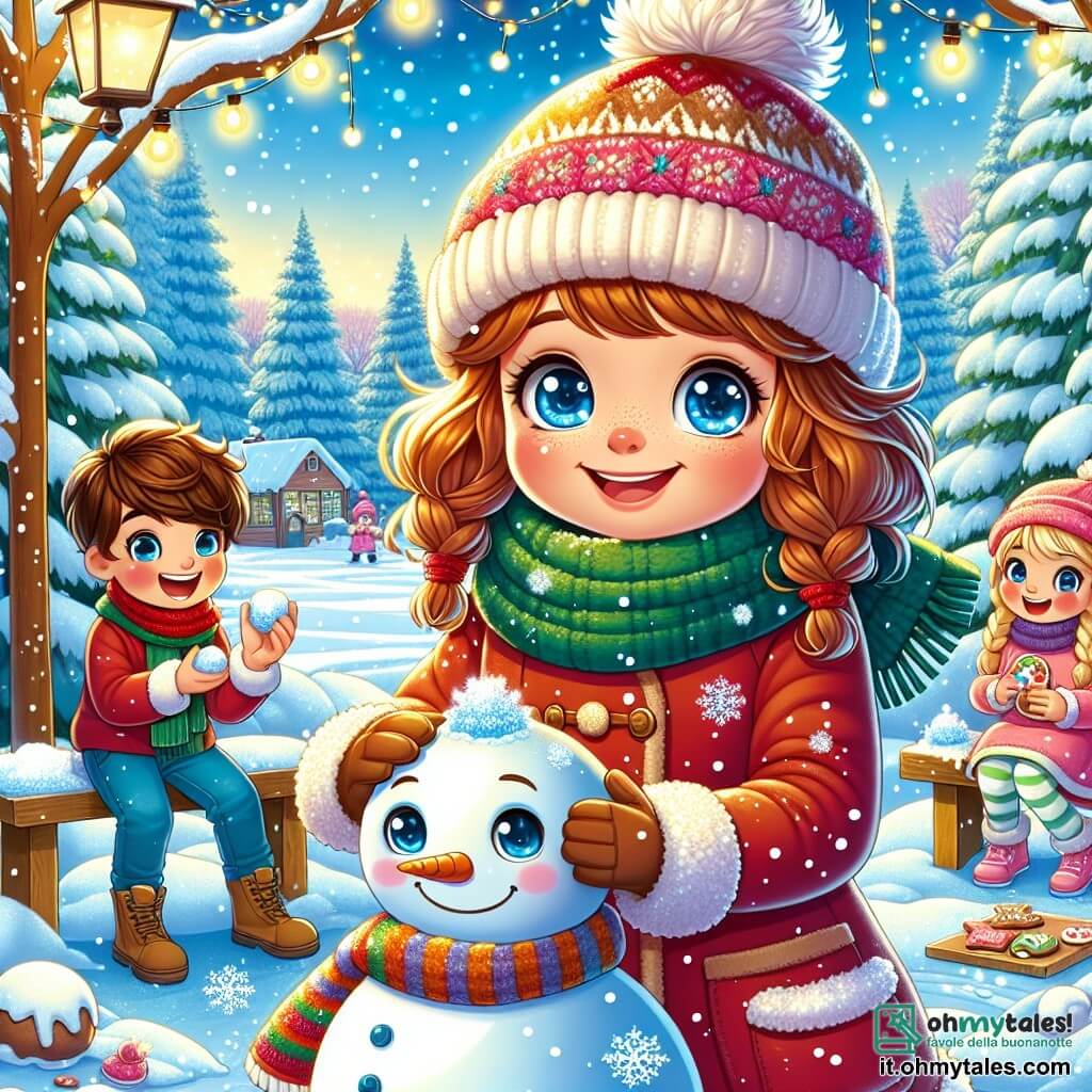 Una ragazza di 11 anni, Sofia, con grandi occhi blu pieni di curiosità, è al centro dell'immagine, sorridente e felice, con un cappotto rosso vivo e un berretto di lana. Sta modellando un pupazzo di neve, con le mani piene di neve, mentre un leggero fiocco le cade sul naso. Accanto a lei, un ragazzo di 10 anni, Marco, con i capelli castani arruffati e una sciarpa verde, ride tenendo una palla di neve pronta a essere lanciata. Un'altra bambina, Chiara, di 9 anni con i capelli biondi intrecciati, è seduta su una panchina di legno, decorando biscotti di pan di zenzero con glassa colorata. Il luogo è un incantevole parco invernale, coperto da uno spesso strato di neve scintillante sotto un cielo blu chiaro. Alberi maestosi, carichi di neve, circondano la scena e delle luci decorative abbelliscono i rami, aggiungendo un tocco di magia. La situazione principale mostra Sofia e i suoi amici divertirsi insieme a creare un pupazzo di neve, condividendo risate e storie sulle tradizioni invernali, catturando lo spirito gioioso e caloroso dell'inverno.