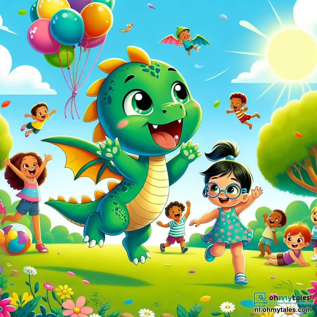 Een kleine draak genaamd Bliksem, met glanzende groene schubben en sprankelende ogen van vreugde, vliegt vrolijk door een blauwe, zonnige lucht, zijn vleugels uitgespreid en een grote glimlach op zijn gezicht. Om hem heen speelt een groep kinderen met kleurrijke haren en zomerkleding, lachend en spelend met meerkleurige ballonnen in een groene park. Een van hen, een klein meisje met vlechten en een bloemenjurk, steekt verwonderd haar armen in de lucht, terwijl een jongen met ronde bril en een gestreept t-shirt achter een opvliegende ballon aanrent. De situatie toont Bliksem die zich bij de kinderen voegt om samen te spelen, wat een vrolijke en vriendschappelijke sfeer creëert, waar vriendschap en avontuur samenkomen onder de stralende zon.