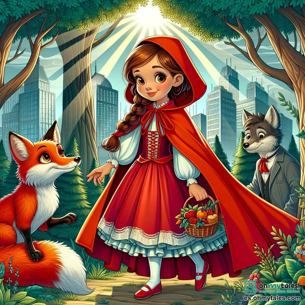 Caperucita Roja, una niña de unos 8 años, lleva una capa roja brillante que ondea detrás de ella. Su rostro está iluminado por una sonrisa decidida, y su cabello castaño está atado en dos trenzas. Sostiene una pequeña cesta llena de frutas y pasteles, mirando con esperanza hacia el horizonte. A su lado hay un zorro astuto, con un pelaje naranja brillante y ojos chispeantes de malicia. Se sostiene sobre sus patas traseras, como si estuviera listo para hablar, y parece animar a Caperucita Roja en su búsqueda. El escenario es una mezcla de bosque encantado y ciudad moderna, con majestuosos árboles de hojas verdes exuberantes que rodean edificios grises al fondo. Rayos de sol atraviesan las ramas, creando una atmósfera mágica. La situación principal muestra a Caperucita Roja y el zorro conversando con un elegante lobo, vestido con un traje cuidado, que los escucha atentamente. Están reunidos en una pequeña claro, donde la naturaleza se encuentra con la ciudad, simbolizando la esperanza de preservar el mundo natural.