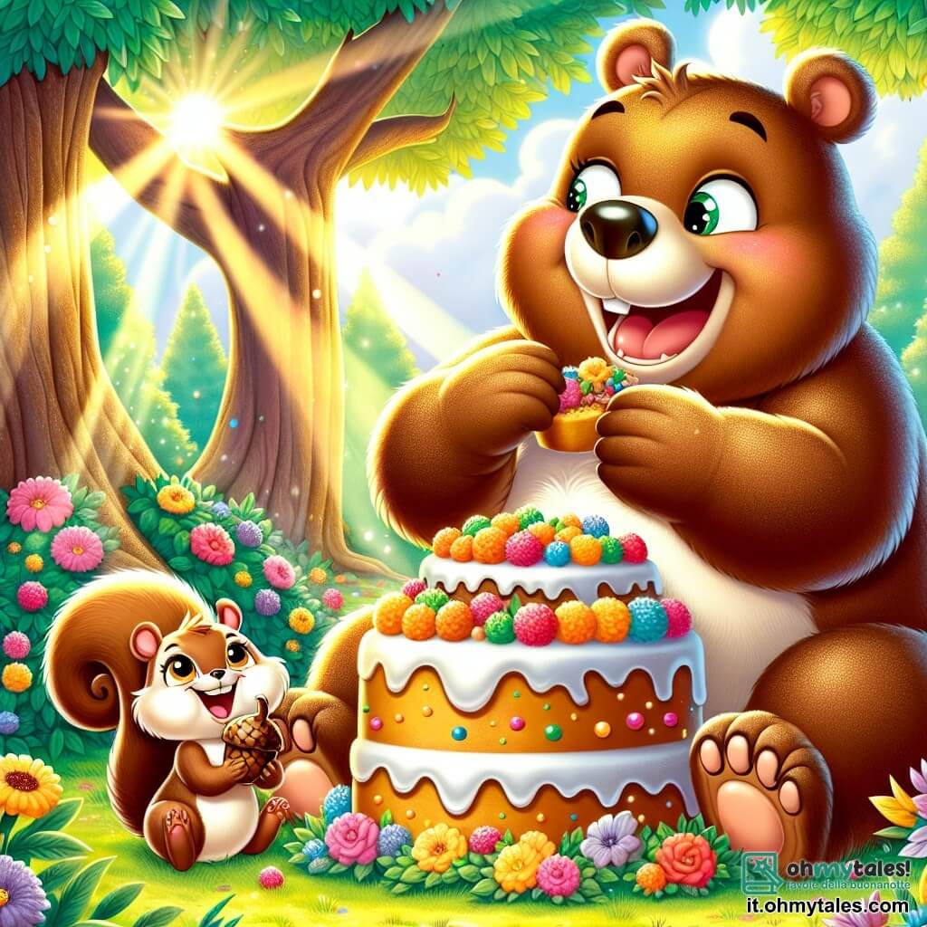 Un grande orso bruno dagli occhi scintillanti e dal sorriso malizioso è seduto sotto un maestoso albero, circondato da fiori colorati, mentre gusta una enorme torta di frutta con scoppi di risa. Il suo pelo è morbido e arruffato, e ha una piccola macchia bianca sul ventre che lo rende ancora più affettuoso. Accanto a lui, uno scoiattolo piccolo dagli occhi vivaci e dalla coda folta salta sul posto tenendo una nocciola tra le zampe anteriori, pronto a condividere la torta. Un po' più lontano, un grosso orso dai peli dorati, con un'espressione divertita, osserva la scena ridendo di cuore, con le braccia incrociate sul petto. La scena si svolge in una radiosa radura soleggiata, dove i raggi del sole filtrano tra le foglie degli alberi, illuminando un terreno coperto di fiori multicolori e dolce erba verde. In questa illustrazione, i personaggi celebrano una grande festa di dolci, circondati da amici animali, condividendo risate e dolcezze in un'atmosfera gioiosa e festosa.