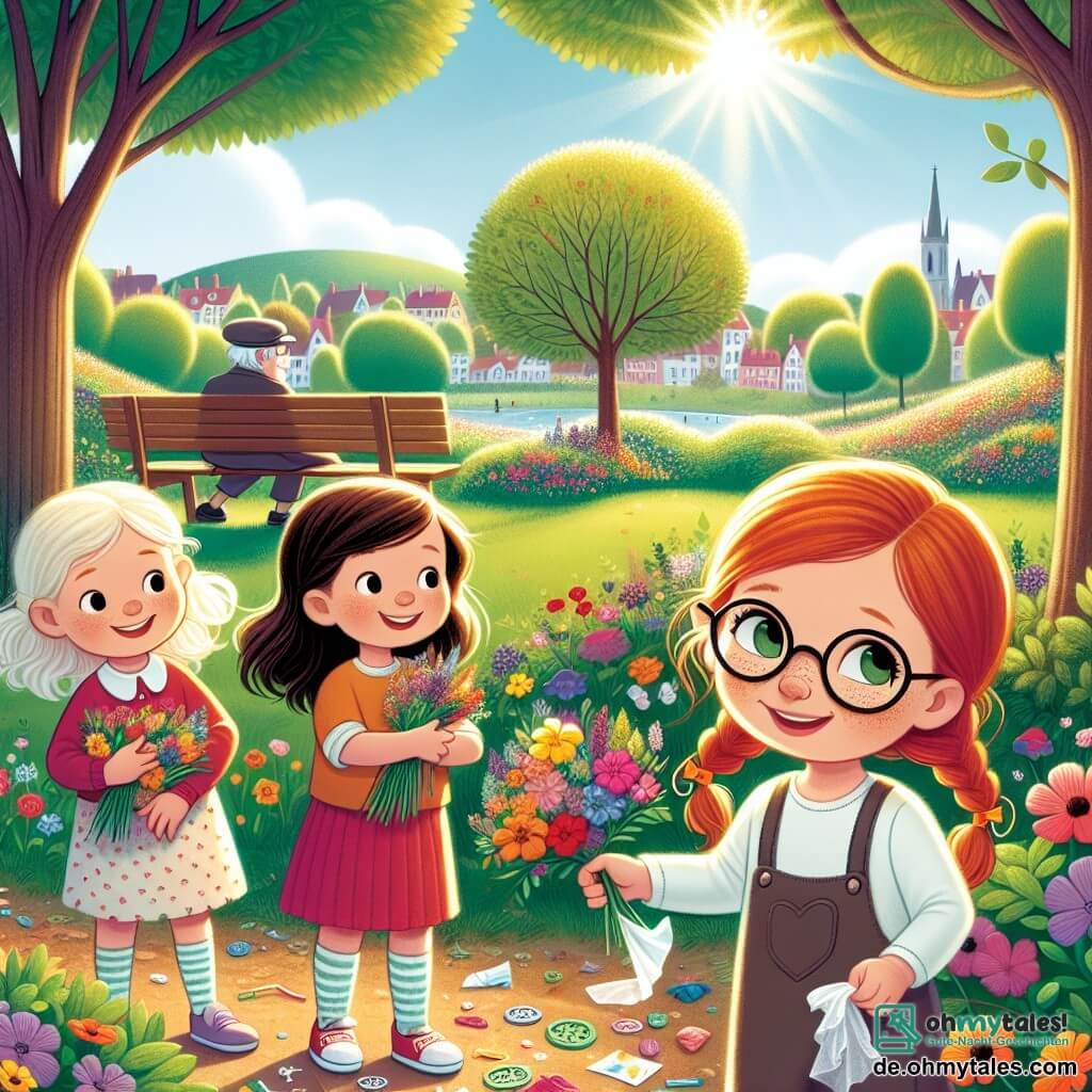 Drei kleine Mädchen, Mia, Emma und Sophie, stehen in einem sonnigen Park. Mia, ein 7-jähriges Mädchen mit braunen Haaren und runden Brillen, lächelt und hält einen Strauß bunter Blumen. Rechts von ihr zeigt Emma, ein 8-jähriges Mädchen mit blonden Haaren und einem Zopf, entschlossen einen Plastikmüll, den sie gerade aufgehoben hat. Links hebt Sophie, ein 7-jähriges Mädchen mit roten Haaren und Sommersprossen, stolz ein Stück Papier über ihren Kopf. Der Park ist grün, mit majestätischen Bäumen, leuchtenden Blumen und kleinen, gewundenen Wegen. In der Ferne ist eine Holzbank sichtbar, auf der ein älterer Mann, der Parkwächter, die Kinder mit einem wohlwollenden Lächeln beobachtet. Der Himmel ist blau mit einigen weißen Wolken, und Vögel fliegen fröhlich umher. Die drei Freundinnen sammeln Müll, um den Park zu reinigen und zeigen ihr Engagement für den Umweltschutz. Die Atmosphäre ist fröhlich und energiegeladen und verdeutlicht die Bedeutung der Pflege der Umwelt.