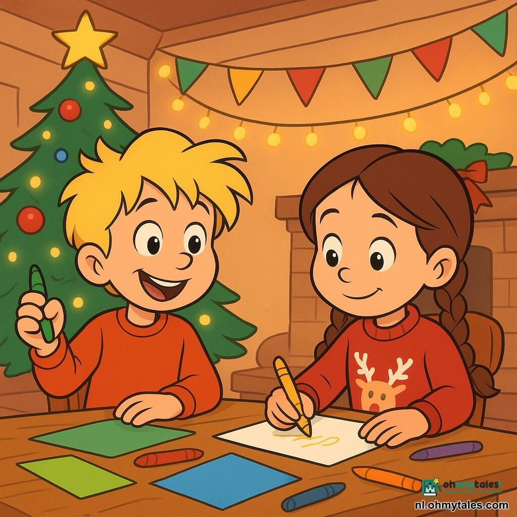 Een 6-jarige jongen, genaamd Bram, met warrig blond haar en fonkelende ogen van vreugde, zit aan een houten tafel met een kleurpotlood in zijn hand. Hij heeft een brede glimlach op zijn gezicht, vol opwinding. Naast hem zit zijn 6-jarige nichtje Anna, met bruin haar in vlechtjes en een rode trui met rendiermotieven, geconcentreerd en geamuseerd schrijvend op een stuk papier. De scène speelt zich af in een warm ingerichte woonkamer, versierd voor Kerstmis met een grote boom vol fonkelende lichtjes en kleurrijke ballen. Papieren slingers en zachte lampjes sieren de muren. De kinderen zijn samen bezig een kerstverhaal te maken, omringd door gekleurd papier en potloden, in een feestelijke en vrolijke sfeer.