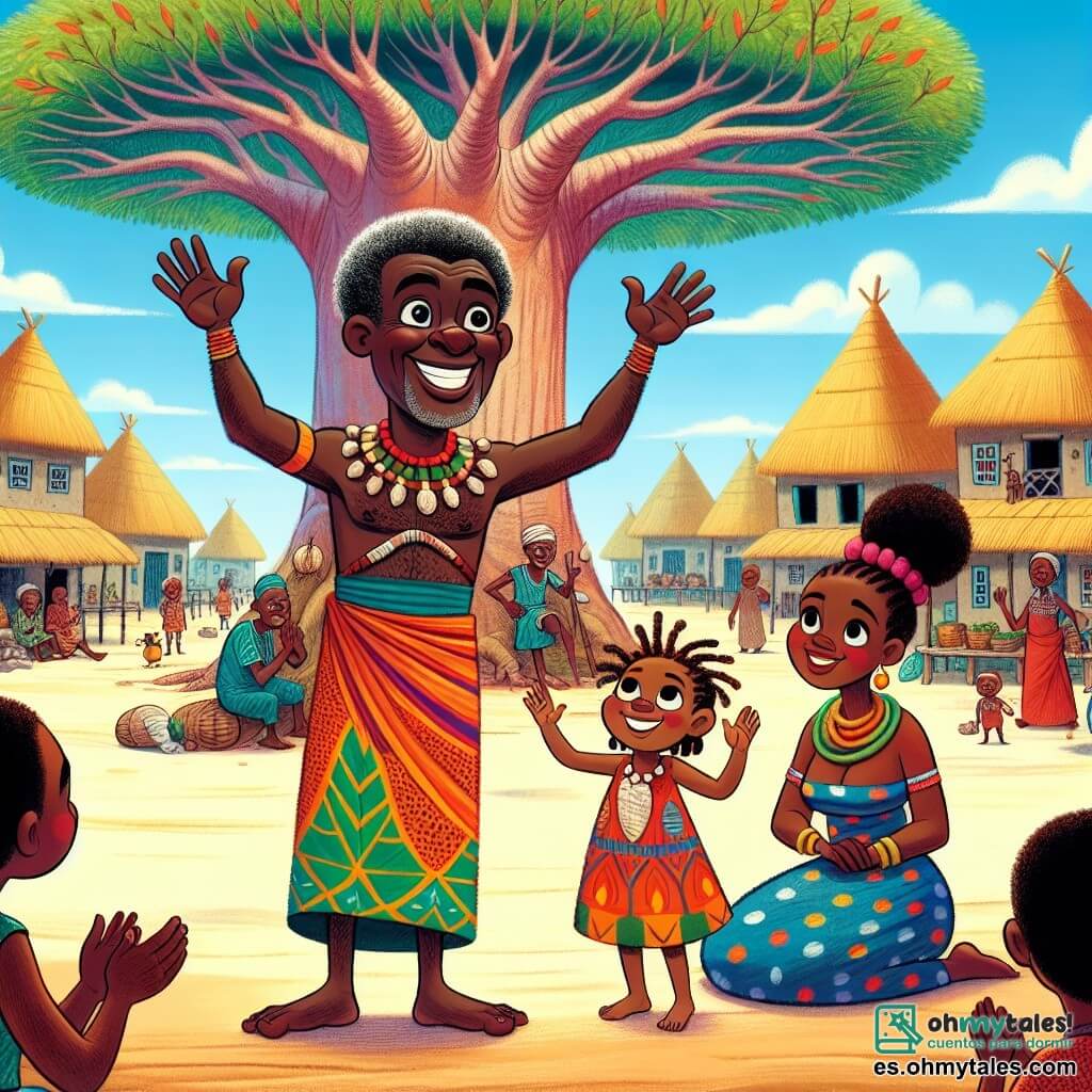 El personaje principal, el gran jefe Kofi, es un hombre de mediana edad con piel oscura y cabello rizado, que lleva un paño colorido adornado con motivos africanos. Tiene una sonrisa cálida y ojos brillantes de determinación. Kofi está de pie bajo un inmenso baobab, levantando los brazos con entusiasmo para reunir a su pueblo. A su lado, la pequeña Amara, una niña de unos 8 años, tiene el cabello trenzado y lleva un vestido de tela tradicional de colores vivos. Ella está sentada en el suelo, escuchando atentamente a Kofi, con ojos brillantes de admiración. Un poco más lejos, Yara, una mujer de unos cincuenta años, es la jefa del pueblo de pescadores. Lleva un collar de conchas y sonríe asintiendo, animando a Kofi con benevolencia. La escena se desarrolla en una gran plaza del pueblo, rodeada de casas de barro y jardines florecidos. El cielo es de un azul brillante y el sol brilla, iluminando los rostros alegres de los aldeanos reunidos alrededor del majestuoso baobab. La situación principal muestra a Kofi dirigiéndose a su pueblo con pasión, compartiendo las lecciones que ha aprendido durante su viaje, mientras los niños bailan y los adultos escuchan atentamente, creando una atmósfera de alegría y unidad.