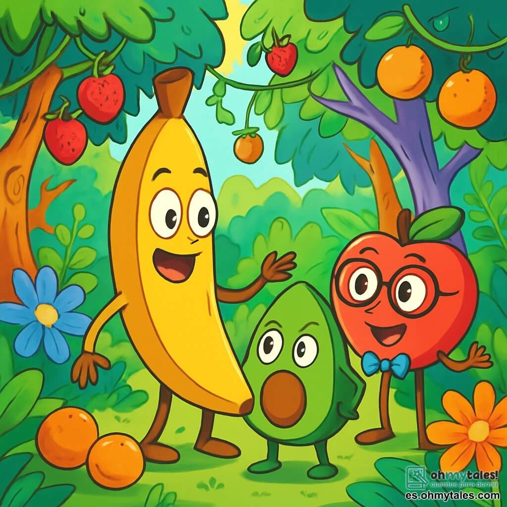 Un plátano sonriente, llamado Plátano Pancho, se encuentra en el centro de una jungla de frutas, con una expresión de asombro en su cara amarilla y alegre. A su derecha, una manzana roja con gafas y pajarita, Manzana Martín, sonríe entusiastamente, gesticulando para explicar algo a Pancho. A su izquierda, un aguacate verde, Aguacate Alfredo, tiene una mirada decidida y alentadora, listo para acompañarlo en la aventura. El decorado es una jungla vibrante, llena de árboles de colores brillantes, lianas de frutas colgantes y flores gigantes que parecen bailar al ritmo de una música alegre. La situación principal muestra a Plátano Pancho, rodeado de sus amigos frutas, preparándose para partir en una aventura para encontrar la Ralladura de Limón de Zafiro, con un ambiente festivo y de camaradería en el aire.