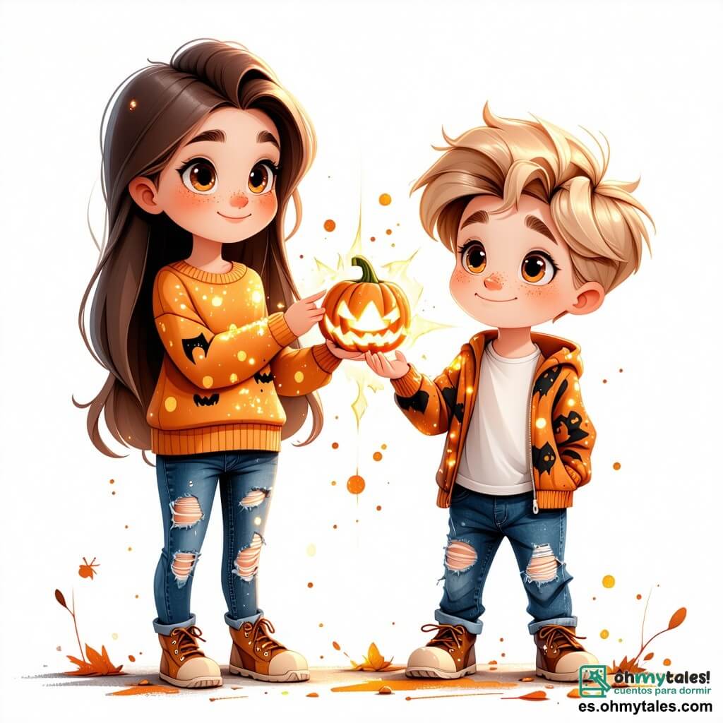 Una niña de 11 años, Marta, está en el centro de la imagen, con largos cabellos castaños y ojos llenos de curiosidad. Lleva un suéter naranja con motivos de calabazas y un jeans rasgado, sosteniendo un misterioso medallón brillante en sus manos, con una expresión de asombro y un poco de inquietud. A su derecha, Tomás, un niño de 11 años con cabello rubio despeinado y gafas redondas, observa el medallón con fascinación. Lleva una camisa a cuadros y un short, listo para acercarse a Marta y ayudarla. A la izquierda, Clara, una niña de 10 años con cabello castaño y trenzas, sostiene una linterna de Halloween, con los ojos muy abiertos por la emoción. Lleva una camiseta negra con un gato dibujado y un pantalón morado, un poco apartada pero lista para unirse a sus amigos. La escena se desarrolla en una vieja casa abandonada, con paredes de madera desgastadas, telarañas en las esquinas y ventanas rotas que dejan pasar una misteriosa luz lunar. Sombras bailan en las paredes, creando una atmósfera mágica y ligeramente inquietante. Marta, Tomás y Clara se preparan para descubrir los secretos de la casa, con el medallón brillante en el centro de su atención, simbolizando la aventura que les espera y la magia de Halloween que los rodea.