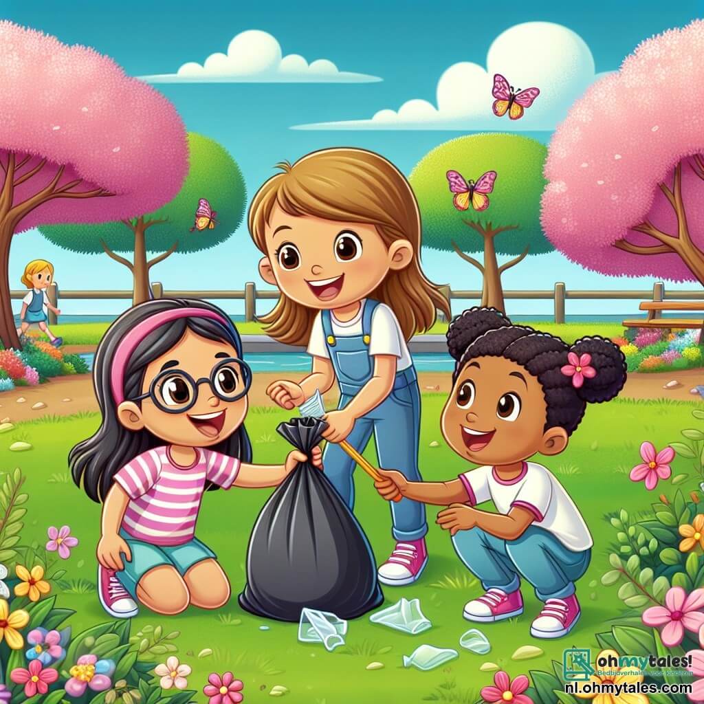 Drie kleine meisjes, Anna, Lisa en Noor, zijn bezig met het schoonmaken van een park. Anna, een 8-jarig meisje met bruin haar en een bril, zit op de grond met plastic in haar hand. Naast haar staat Lisa, een 7-jarig meisje met blonde vlechten, die glimlacht terwijl ze een vuilniszak vasthoudt. Noor, een 9-jarig meisje met zwart haar in twee staarten, staat rechtop en wijst enthousiast naar een bloeiende boom. Het park is groen, vol kleurrijke bloemen, majestueuze bomen en een goed onderhouden grasveld. Vlinders fladderen om hen heen en in de verte is een klein vijvertje te zien waar eenden vredig zwemmen. De lucht is blauw met enkele donzige witte wolken. De drie vriendinnen zijn druk bezig met het opruimen van afval om het park mooier en gezonder te maken, terwijl ze lachend en vrolijk over hun missie om de natuur te beschermen praten.
