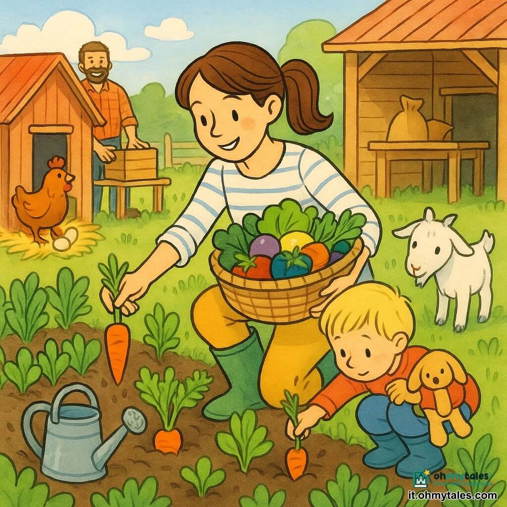 Una giovane donna sorridente con capelli castani raccolti in coda, camicetta a righe e stivali di gomma tiene un cesto di verdure colorate e raccoglie delicatamente una carota; un bambino di 5-6 anni, Luca, biondo con una peluche sotto il braccio, accovacciato la aiuta cercando di tirare una piccola carota; il padre, uomo alto e barbuto in camicia a quadri, sta sullo sfondo vicino a una cassa di legno sorridendo; nel giardino della fattoria ci sono file di verdure, terra umida, un annaffiatoio metallico, un piccolo capanno con tavolo e sacchi, una gallina ruggine vicino al pollaio con uova nella paglia e una capretta bianca curiosa; luce mattutina calda, scena centrata sul cesto colorato e sull'atmosfera dolce della raccolta.