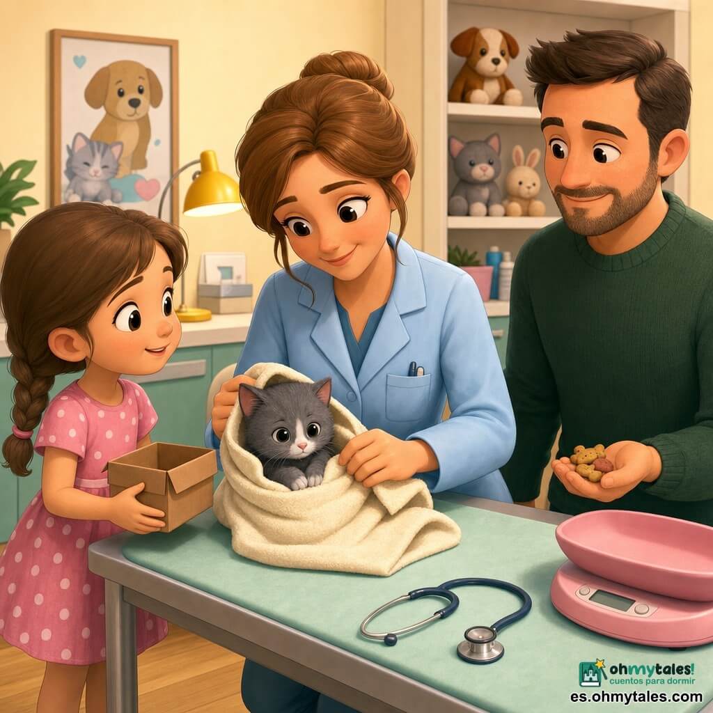 Una veterinaria sonriente y dulce, cabello castaño claro recogido en moño, bata azul pastel con bolsillo, rasgos redondeados y ojos grandes y bondadosos, arrodillada y calmada mientras envuelve un pequeño gatito gris en una toalla suave; a su izquierda, una niña de unos 6 años con trenza y vestido rosa de lunares mira con curiosidad sosteniendo una pequeña caja de cartón cerca de la mesa; detrás de la niña, a la derecha de la mesa, un hombre adulto (padre, unos 35 años) con jersey verde oscuro y barba corta sostiene unas golosinas para gato y mira aliviado; el gatito gris con una mancha blanca en la nariz está acurrucado en una toalla crema sobre una pequeña mesa de examen, ojos entrecerrados, ronroneando; la clínica es acogedora: paredes crema, póster colorido “Respira. Aquí cuidamos con calma”, estantería con peluches, pequeña lámpara amarilla encendida, báscula digital rosa, estetoscopio sobre la mesa y suelo de madera clara; escena principal: examen tierno y reconfortante, gestos lentos y protectores, luz suave, colores cálidos, expresiones apacibles, ambiente íntimo y seguro; acabado nítido, contrastes suaves y texturas visibles (toalla, madera, pelaje).