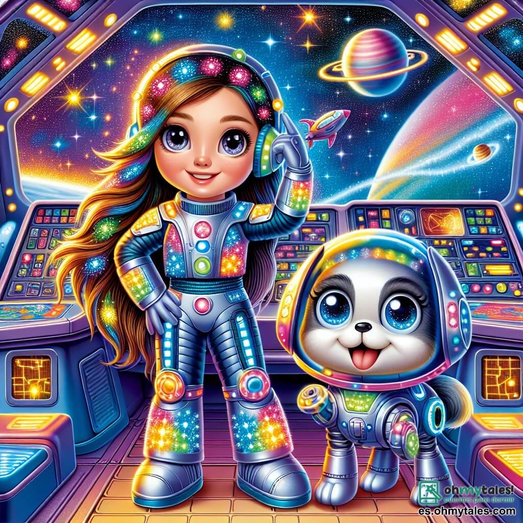 La Capitán Luna, una mujer de cabello largo y brillante como estrellas, lleva un traje espacial reluciente con luces multicolores. Tiene una mirada decidida y alegre, con los ojos brillantes de emoción, mientras se encuentra frente a la cabina de su gran nave espacial. A su lado, su fiel compañero robot, Astro, un pequeño perro robótico de ojos luminosos y pelaje plateado, parece listo para ayudarla, saltando con entusiasmo. La cabina de la nave está llena de botones coloridos y pantallas que muestran imágenes de planetas lejanos. Fuera, se despliega un paisaje espacial espectacular: estrellas brillantes, nebulosas coloridas y el misterioso planeta Arcoíris, que brilla con todos los colores del arcoíris. La situación principal muestra a la Capitán Luna preparando su nave para un audaz rescate, decidida a encontrar la nave perdida, mientras Astro, lleno de energía, la anima con pequeños ladridos alegres.