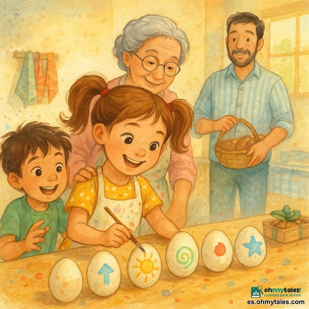 Niña de 8 años, alegre y concentrada, con coletas castañas claras y ojos avellana, vestida con vestido de lunares amarillos y un delantal manchado de pintura, pinta símbolos coloridos (sol, espiral, flecha, punto, estrella) sobre cáscaras de huevo alineadas en una mesa de madera; a la izquierda, su hermano de 5 años, excitado y curioso, con el pelo castaño despeinado y camiseta verde, listo para coger una cáscara pero contenido; detrás de la niña, la abuela de unos 70 años, dulce y sonriente, con moño gris y gafas redondas, apoya la mano en su hombro; al fondo junto a la ventana, el padre de unos 35 años, cómico y afable, con barba corta y camisa a rayas, sostiene una cesta de mimbre y mira con cariño; cocina interior soleada y cálida con una gran ventana que deja entrar un rayo dorado, mesa de madera clara, toallas coloridas, alfombra de cuadros azul, caja con huevos de chocolate y lazos; momento sereno antes de la búsqueda de Pascua, símbolos brillan sutilmente, atmósfera suave en tonos pastel con pinceladas visibles y pequeños confetis cayendo.